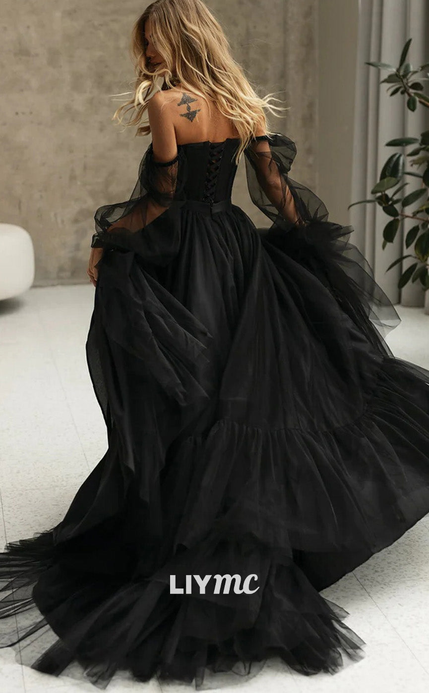 LW949 - Sweetheart Long Sleeves Tulle Ball Gown High Slit Black Wedding Dress