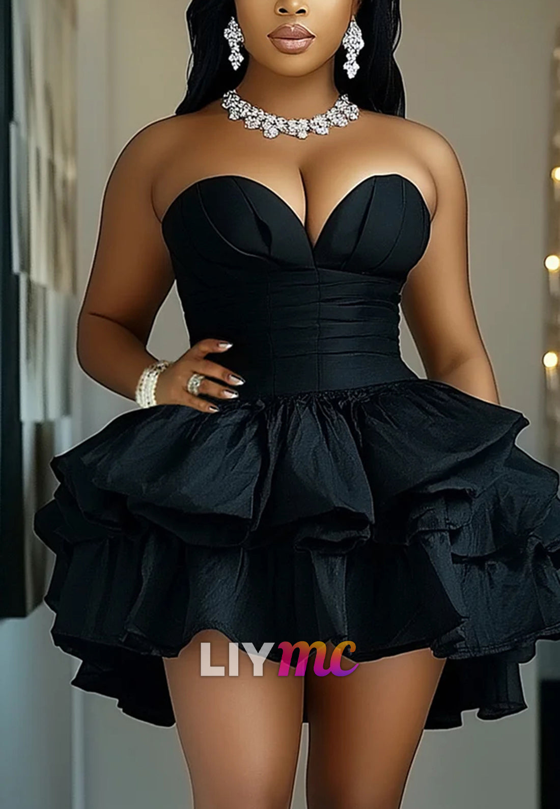 Sweetheart Neck Strapless Cinch Waist Layered Mini Dresses