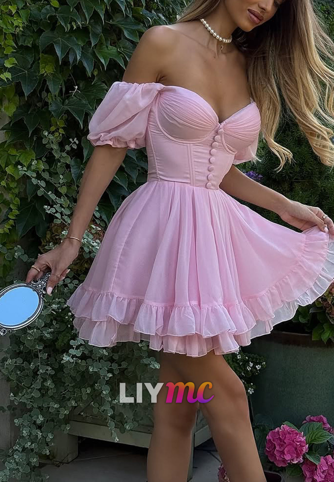 Sweetheart Puff Sleeves A-Line Pink Party Homecoming Dress