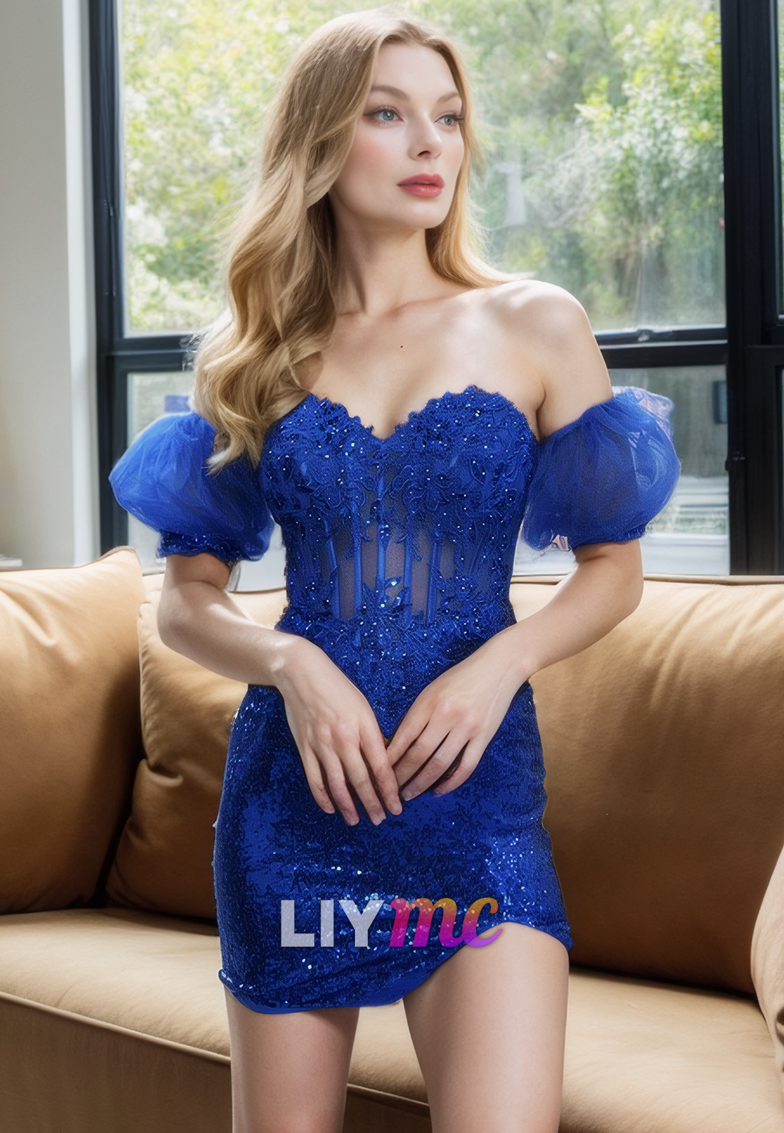 Sweetheart Puff Sleeves Appiques Sheer Sheath Short Homecoming Dress