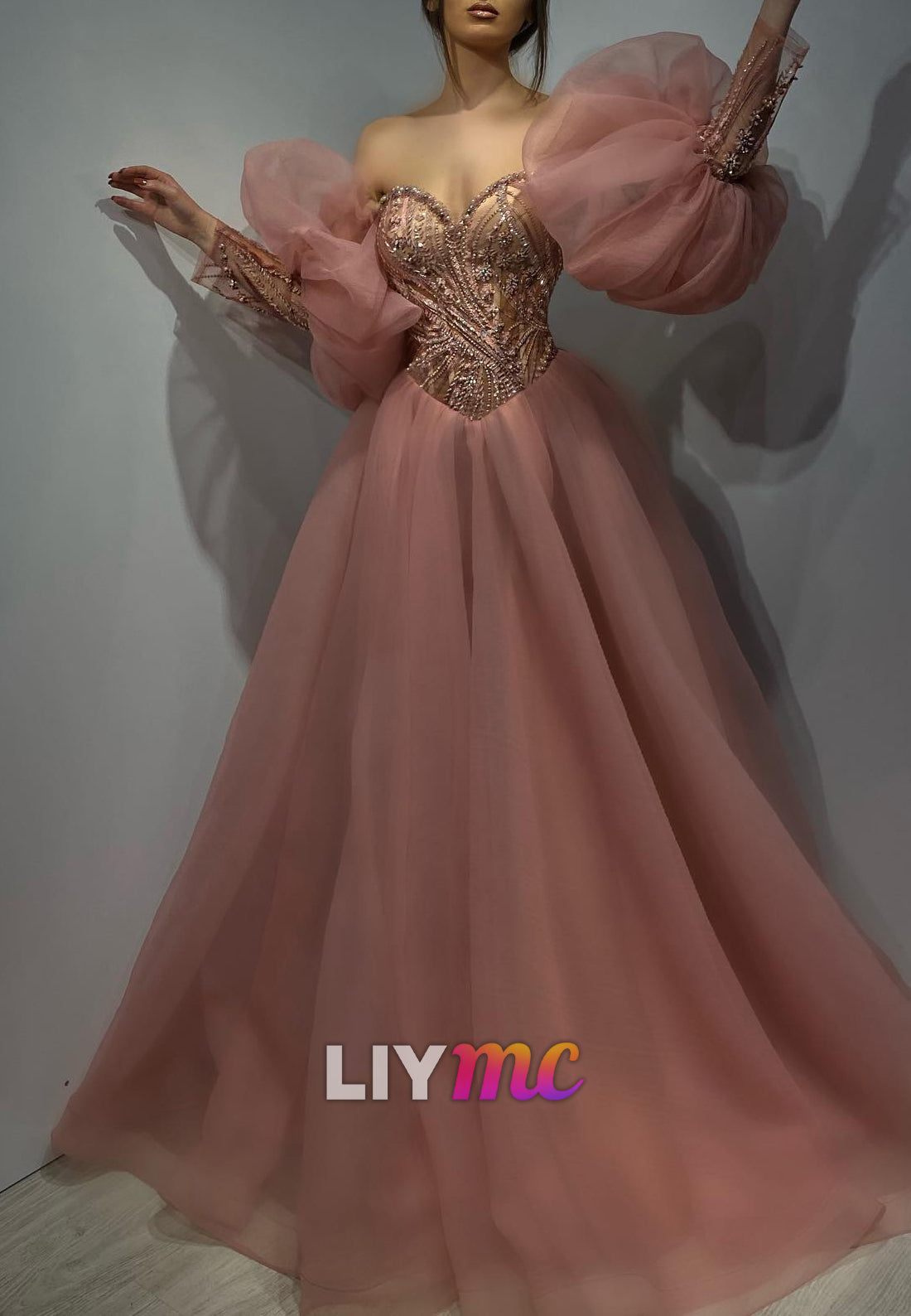 Sweetheart Puff Sleeves Beaded Princess Ball Gown Prom Dress