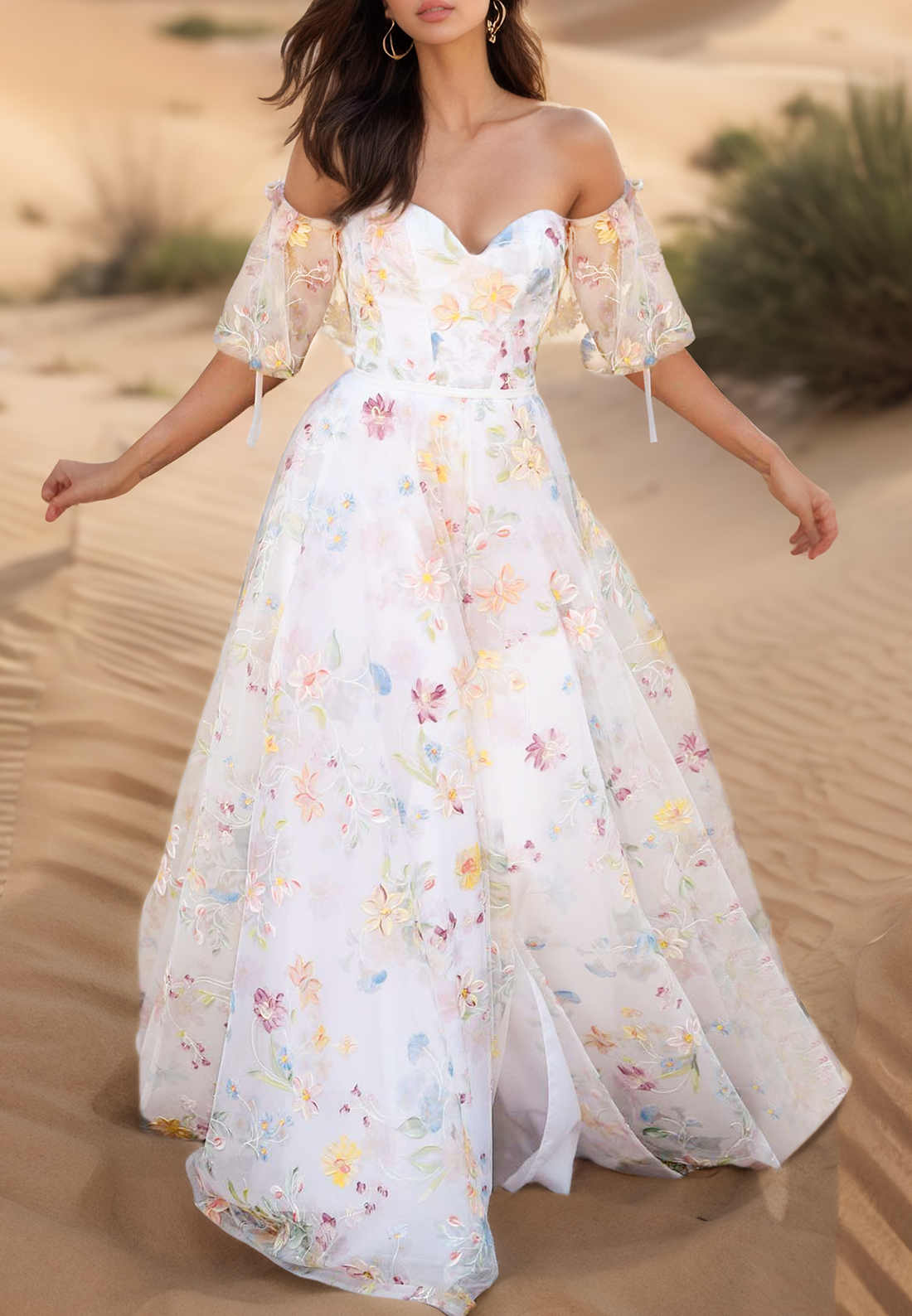Sweetheart Puff Sleeves Floral Pleated A-Line Wedding Dress