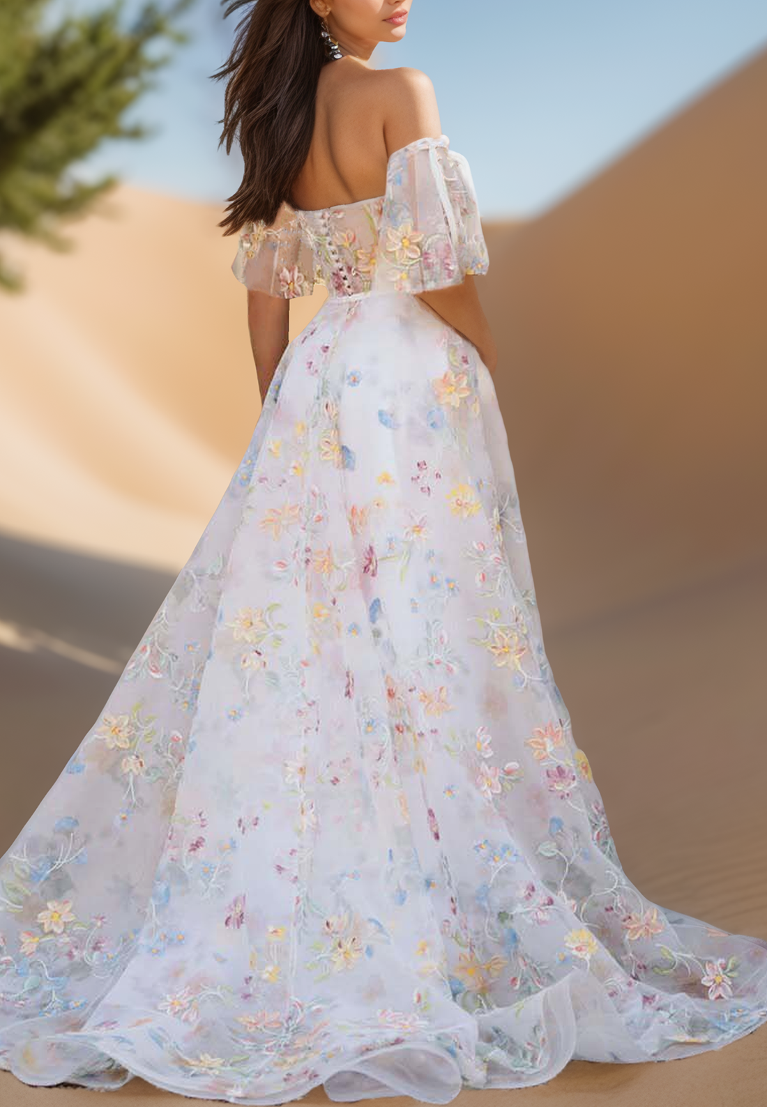 Sweetheart Puff Sleeves Floral Pleated A-Line Wedding Dress