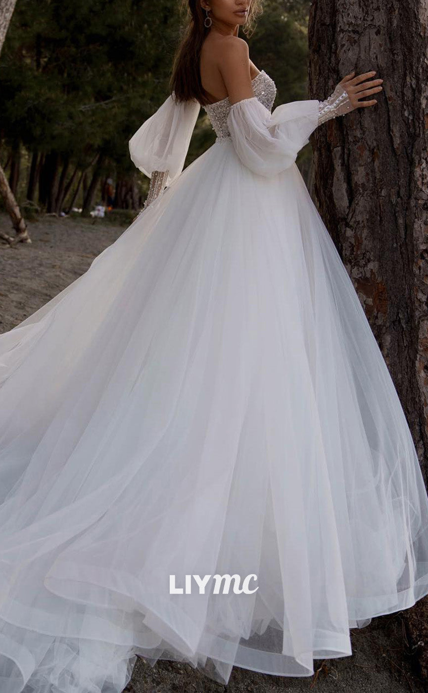 LW867 - Sweetheart Puff Sleeves Pearls Beaded Sequins A-Line Wedding Dress