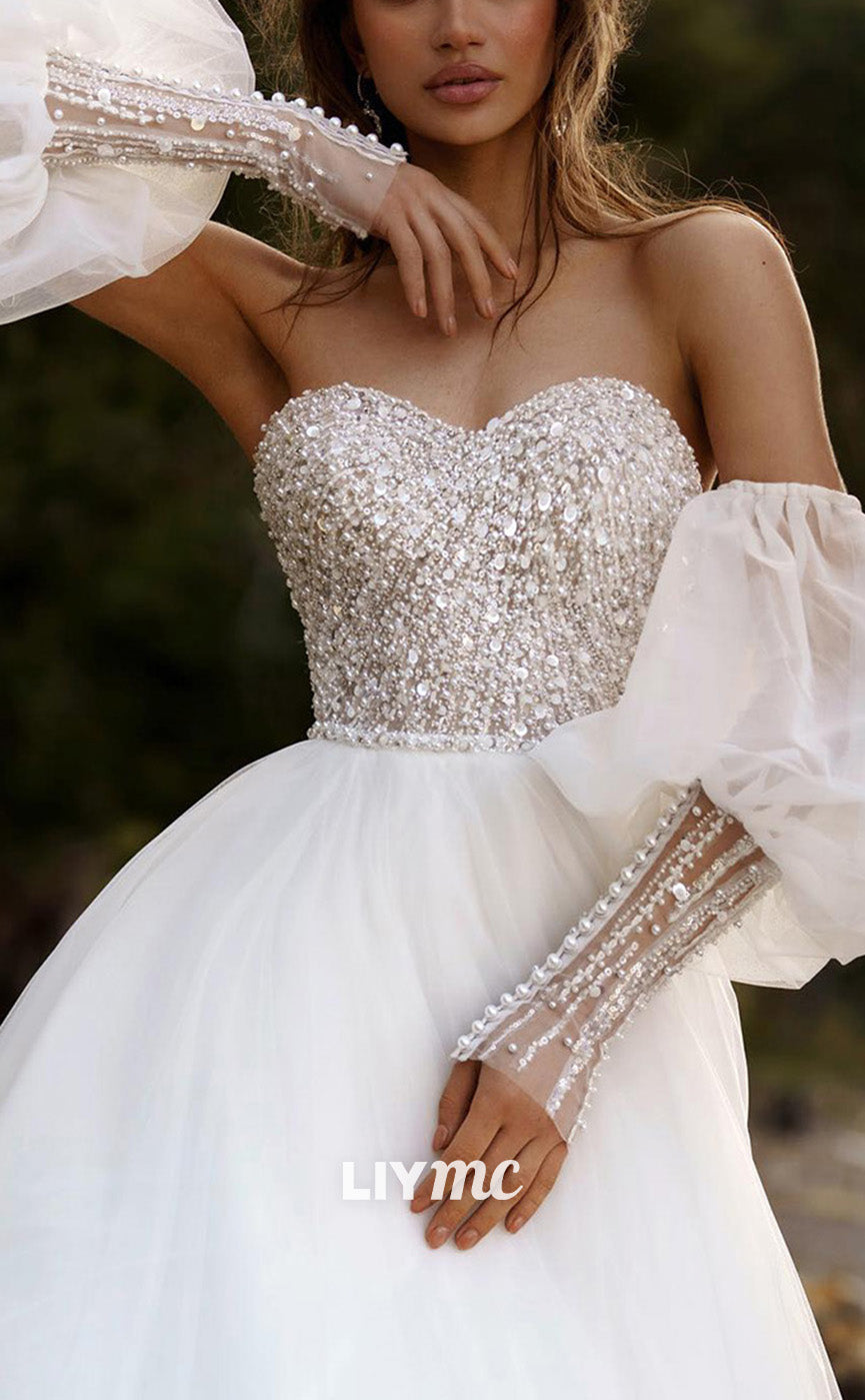 LW867 - Sweetheart Puff Sleeves Pearls Beaded Sequins A-Line Wedding Dress