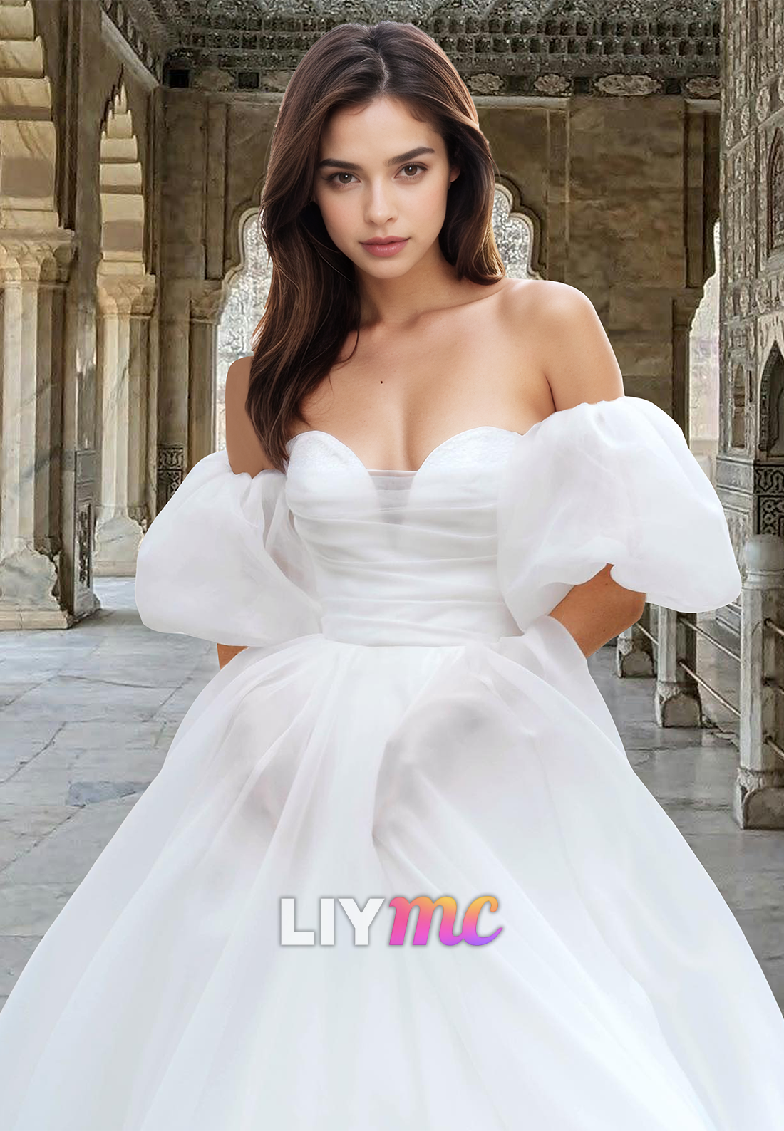 LW014 - A line Sweetheart Short Sleeves Simple Wedding Dress with Sweep Train