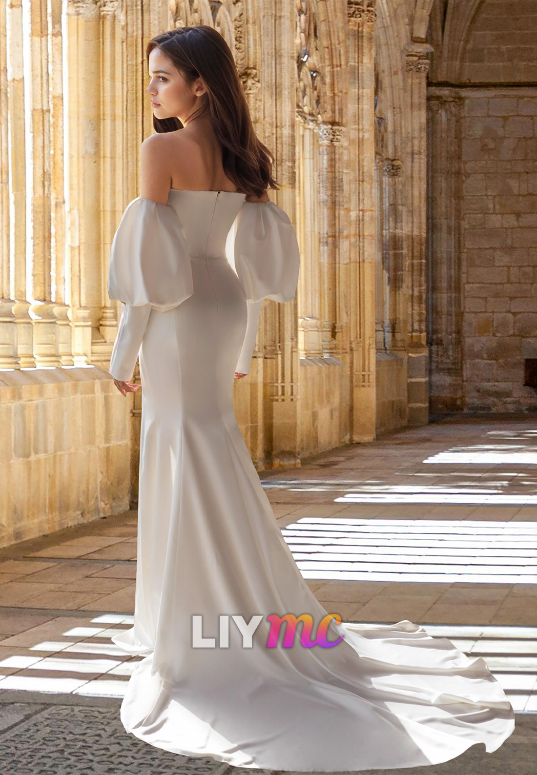 Sweetheart Puff Sleeves Pleated Side Slit Sleek Sheath Beach Wedding Dress