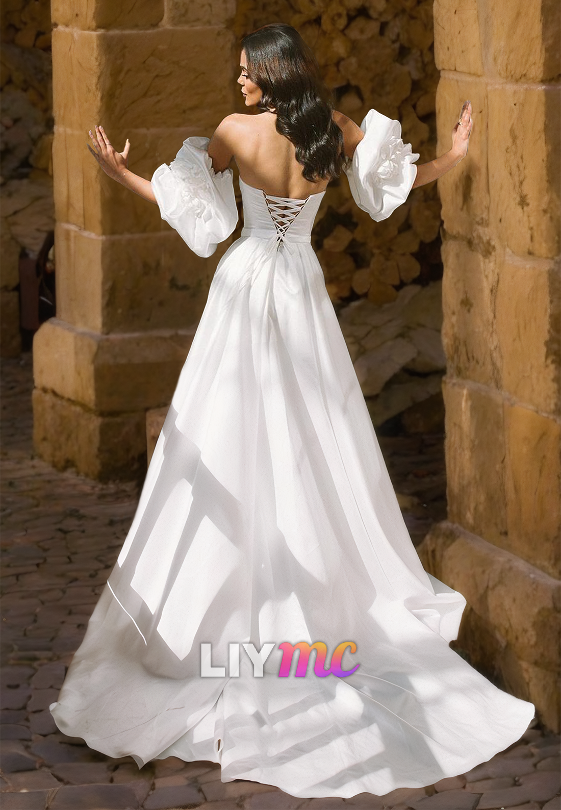 Sweetheart Puff Sleeves Pleated Sleek A-Line Beach Wedding Dress