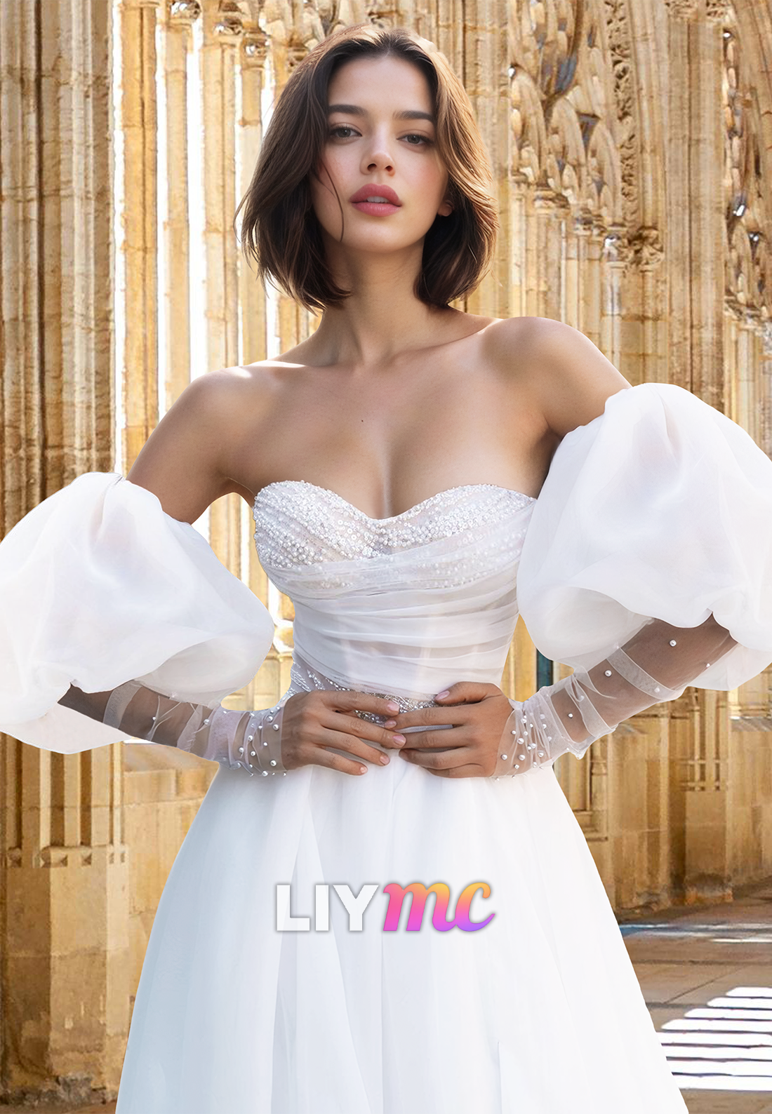 LW019 - A Line Sweetheart Beads Long Sleeves Boho Wedding Dress with Slit