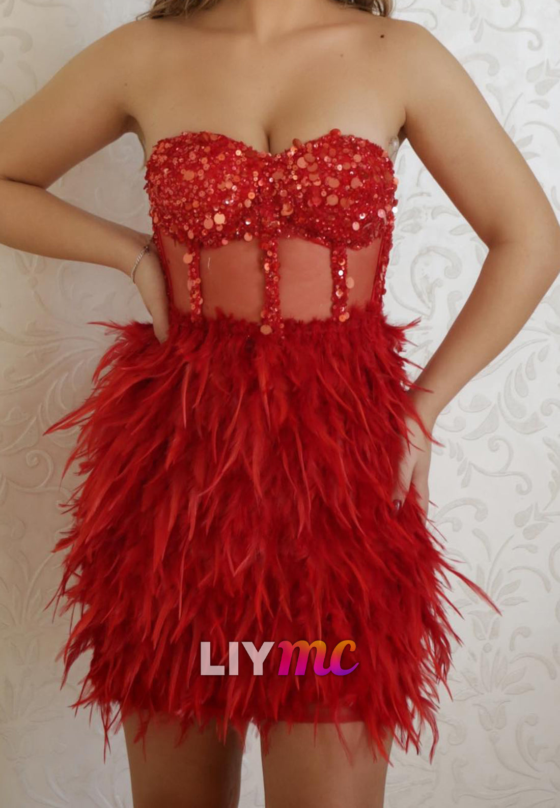 Sweetheart Seequins Feathered Sheath Party Homecoming Dress