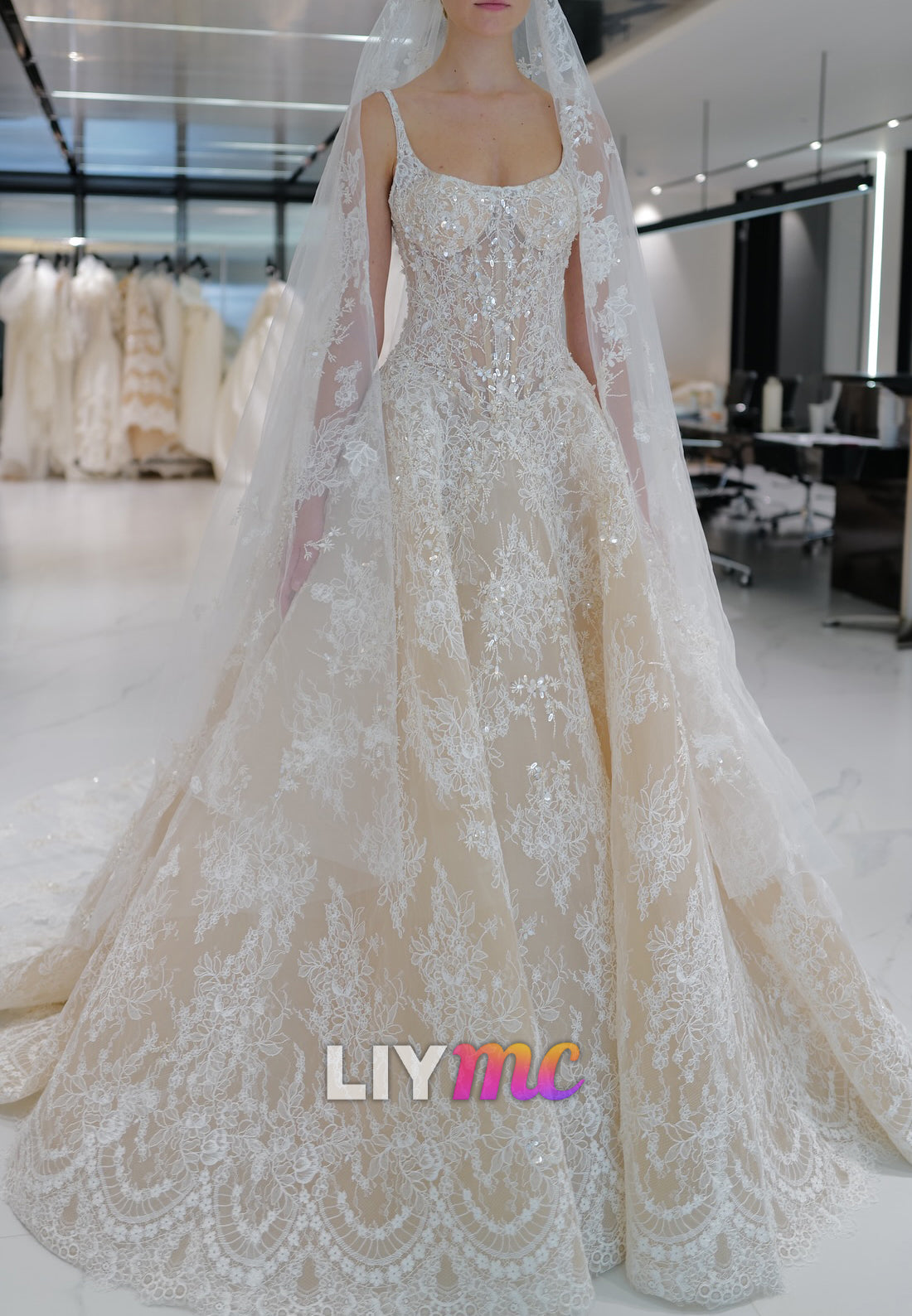 Sweetheart Sequins Straps Lace Appliques A-Line Wedding Dress