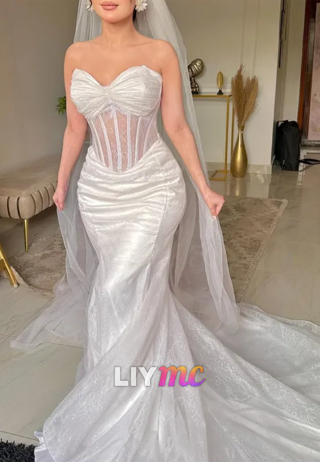 Sweetheart Sheer Lace Appliques Mermaid Wedding Dress