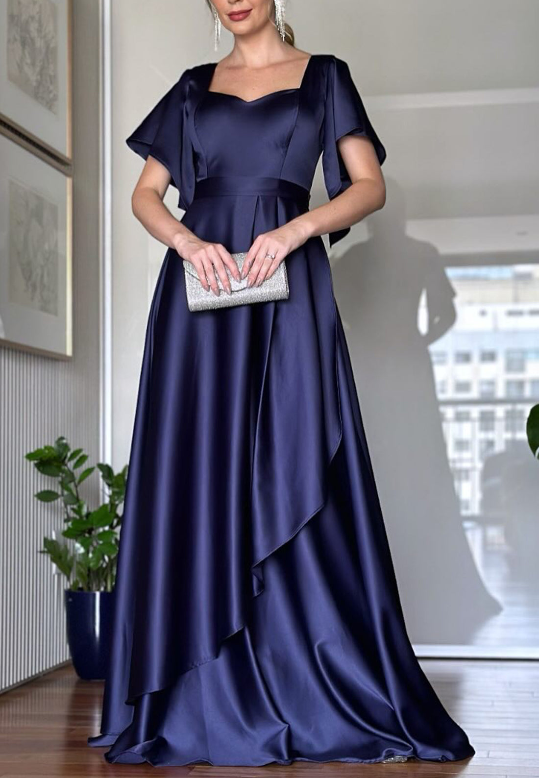 short a line mother of the bride dresses Navy Blue Printed Floral Mother of the Bride Dresses 2026 A-Line V-Neck Short Sleeves Long Chiffon Formal Wedding Guest Gowns with Flower, Navy Blue