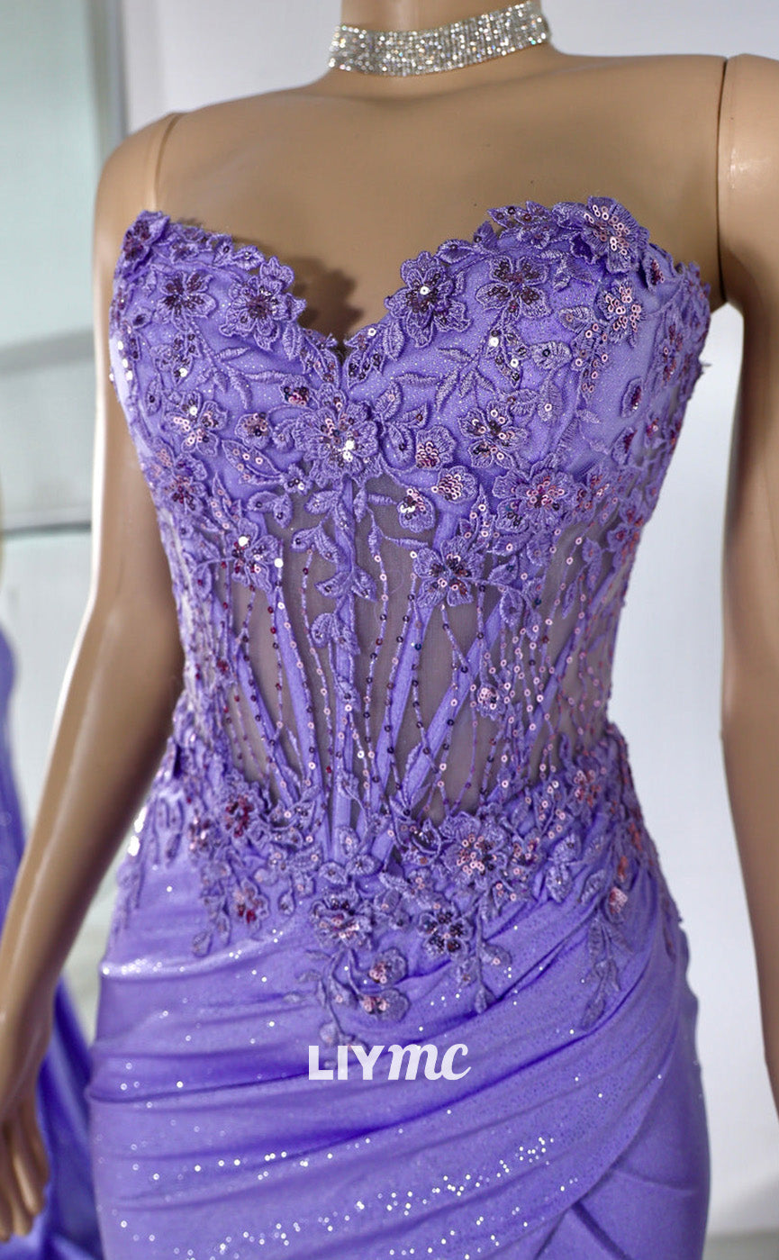 LP2237 - Sweetheart Sleeveless Appliques Beaded Pleated High Slit Prom Dress