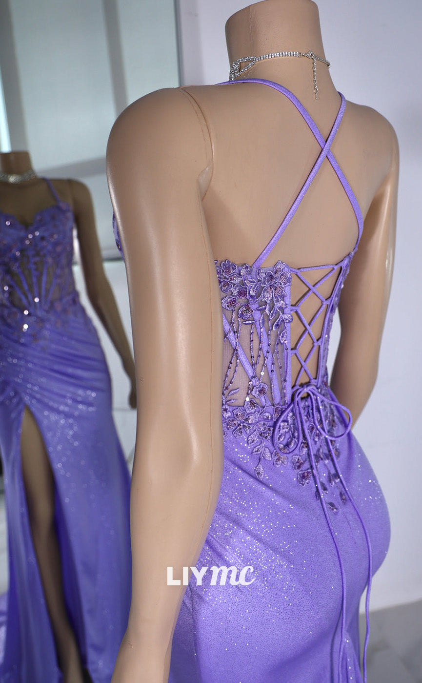 LP2237 - Sweetheart Sleeveless Appliques Beaded Pleated High Slit Prom Dress