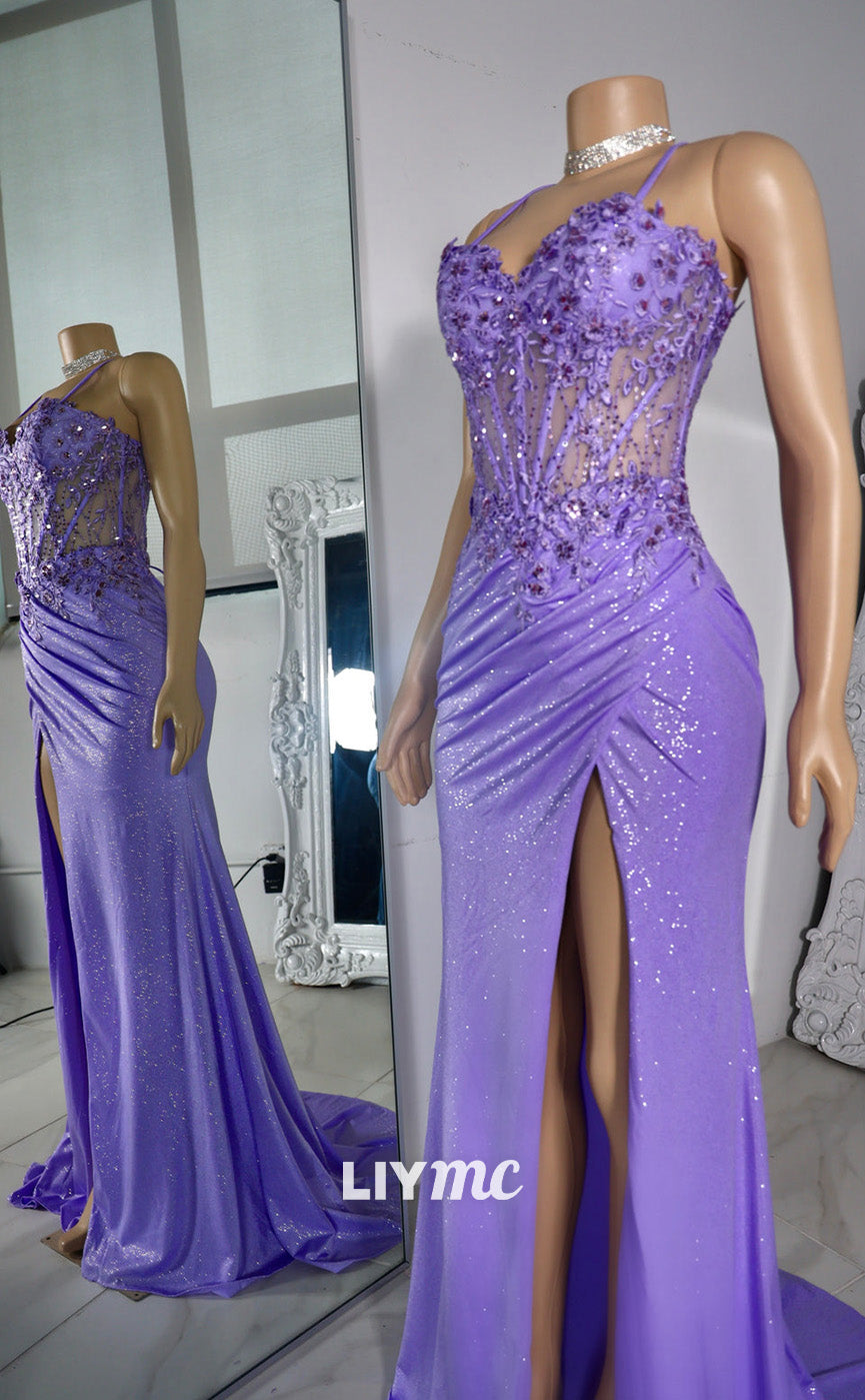LP2237 - Sweetheart Sleeveless Appliques Beaded Pleated High Slit Prom Dress