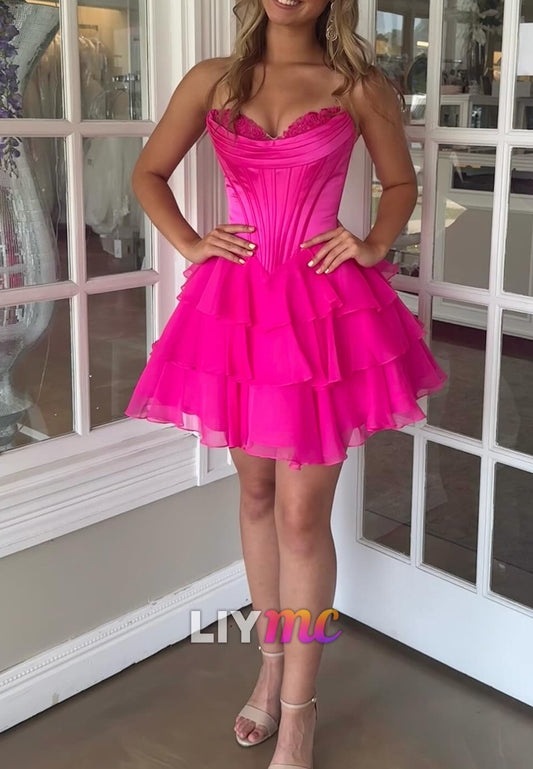 Sweetheart Sleeveless Appliques Chiffon Tiered A-Line Party Homecoming Dress