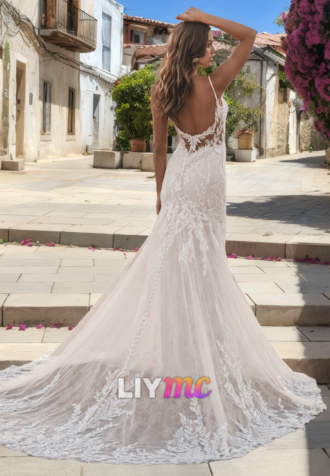 Sweetheart Sleeveless Appliques Sweep Train Sheath Beach Wedding Dress