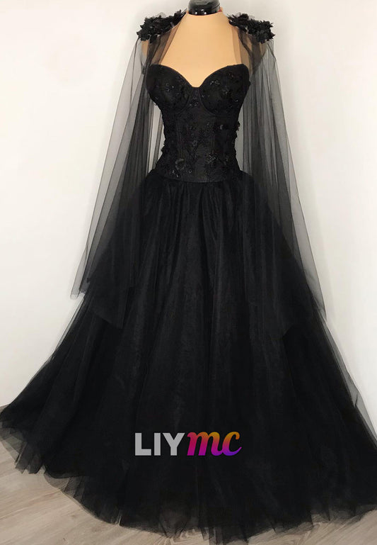 Sweetheart Sleeveless Appliques Tulle A-Line Black Wedding Dress