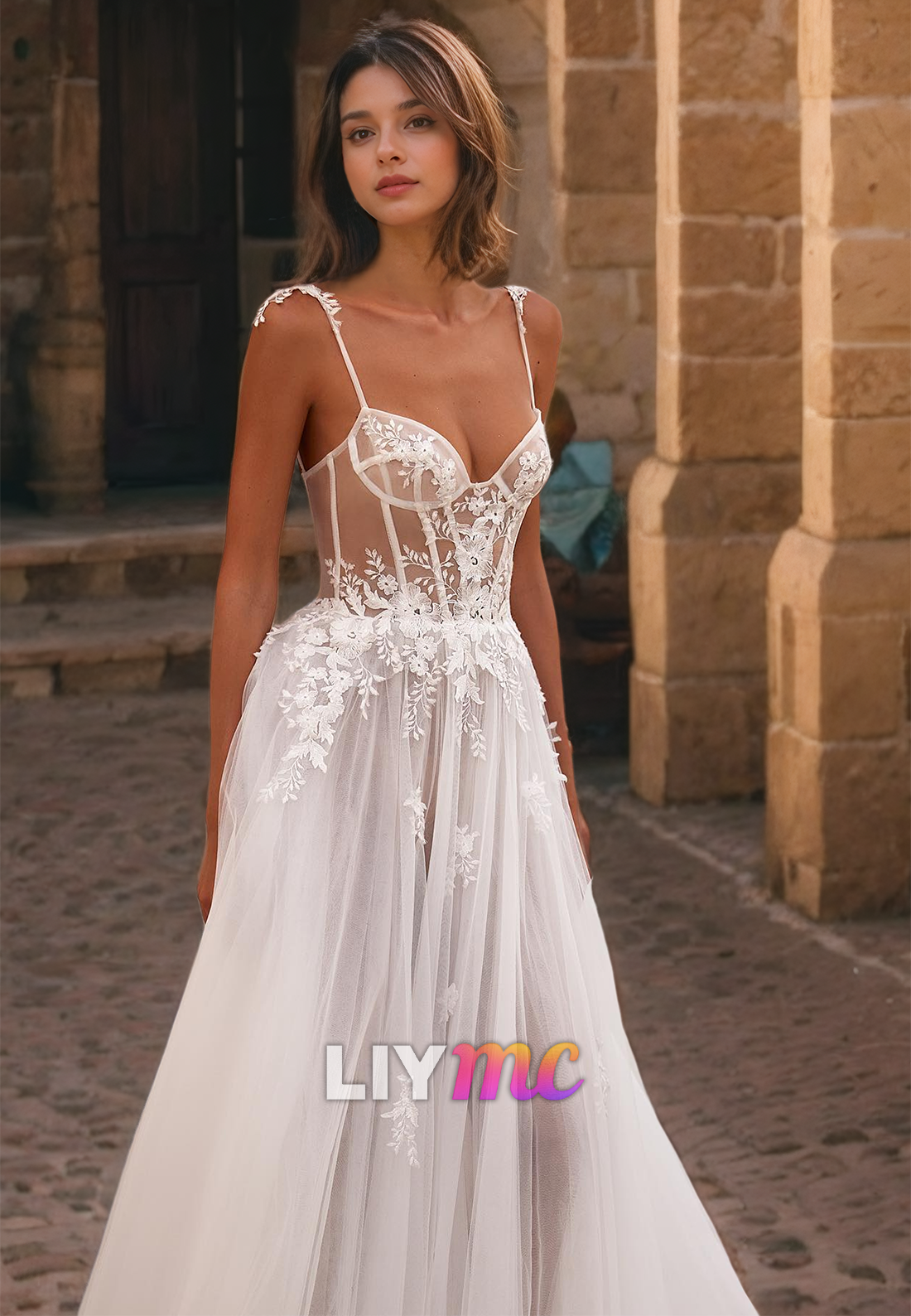Sweetheart Sleeveless Appliques Tulle Sheer A-Line Beach Wedding Dress