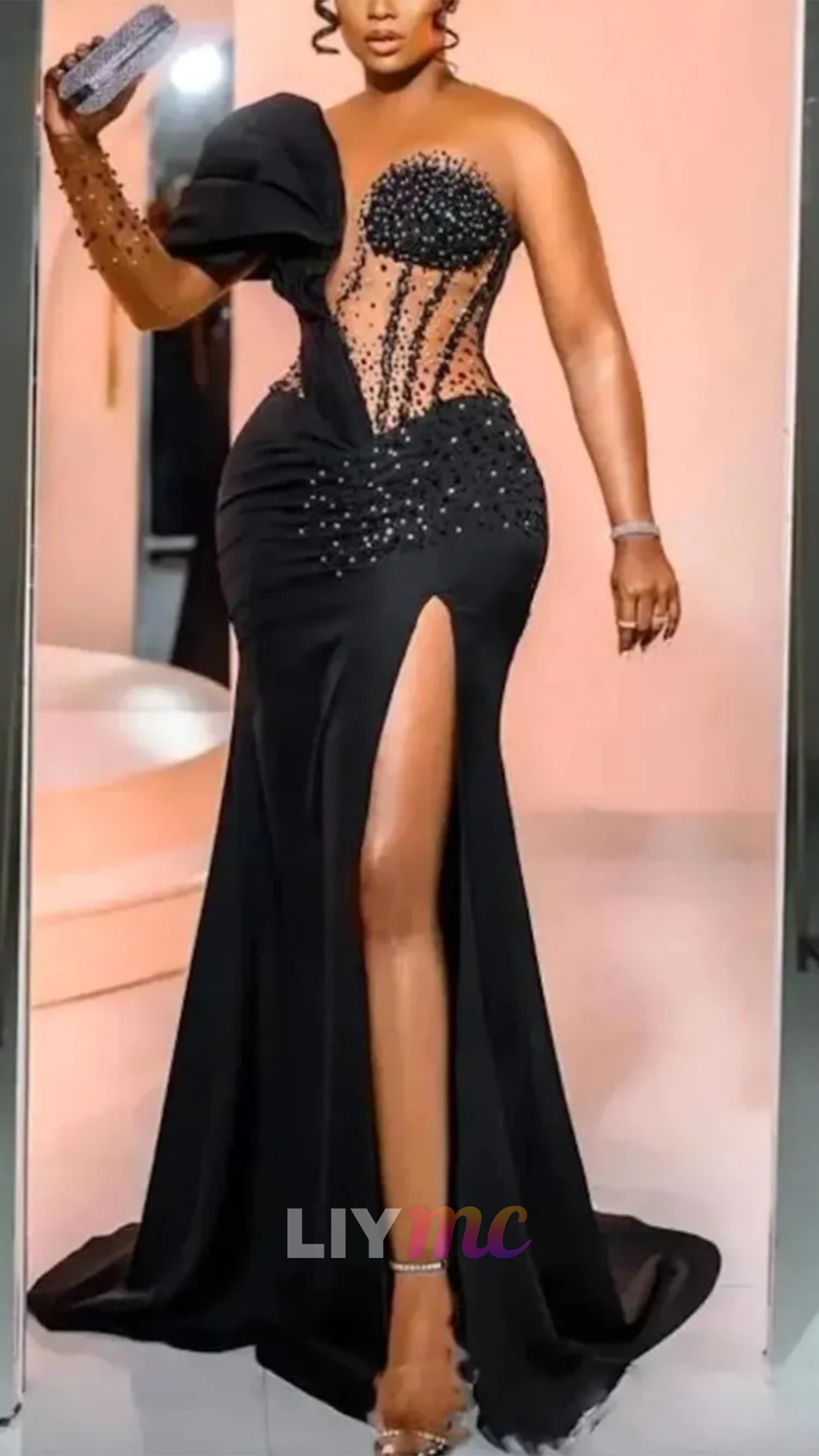 Sweetheart Long Sleeves Beaded Mermaid Prom Dress