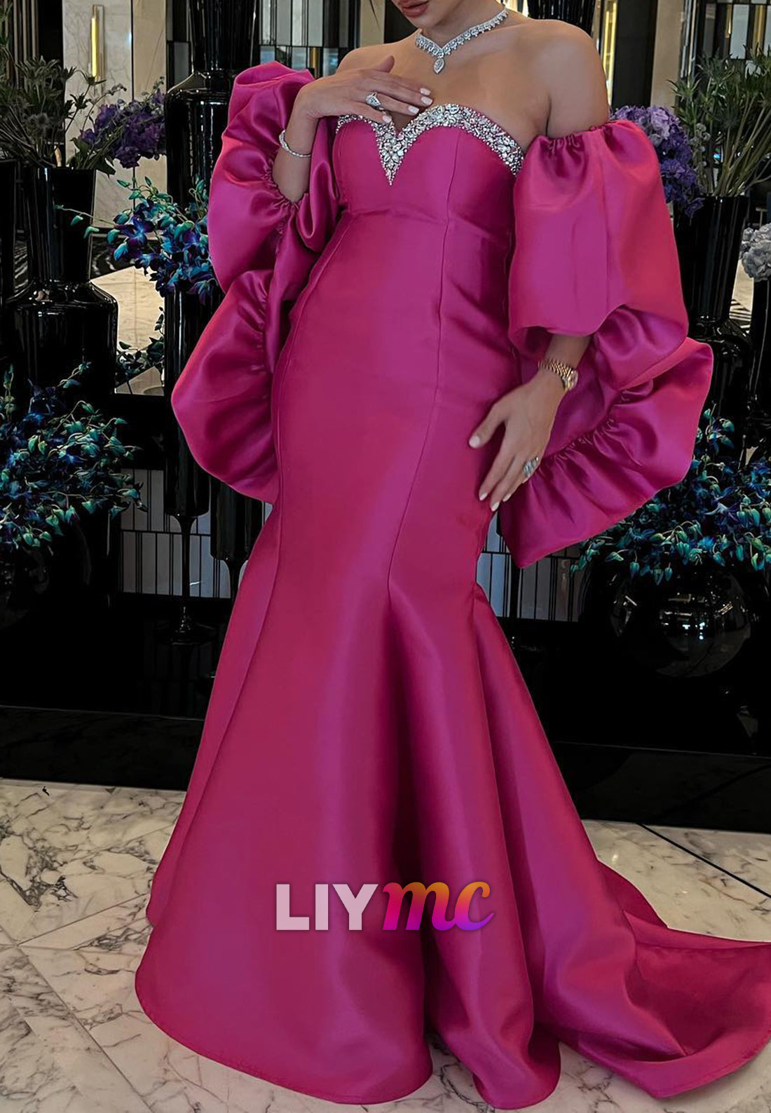 Sweetheart Sleeveless Beaded Mermaid Satin Evening Dress