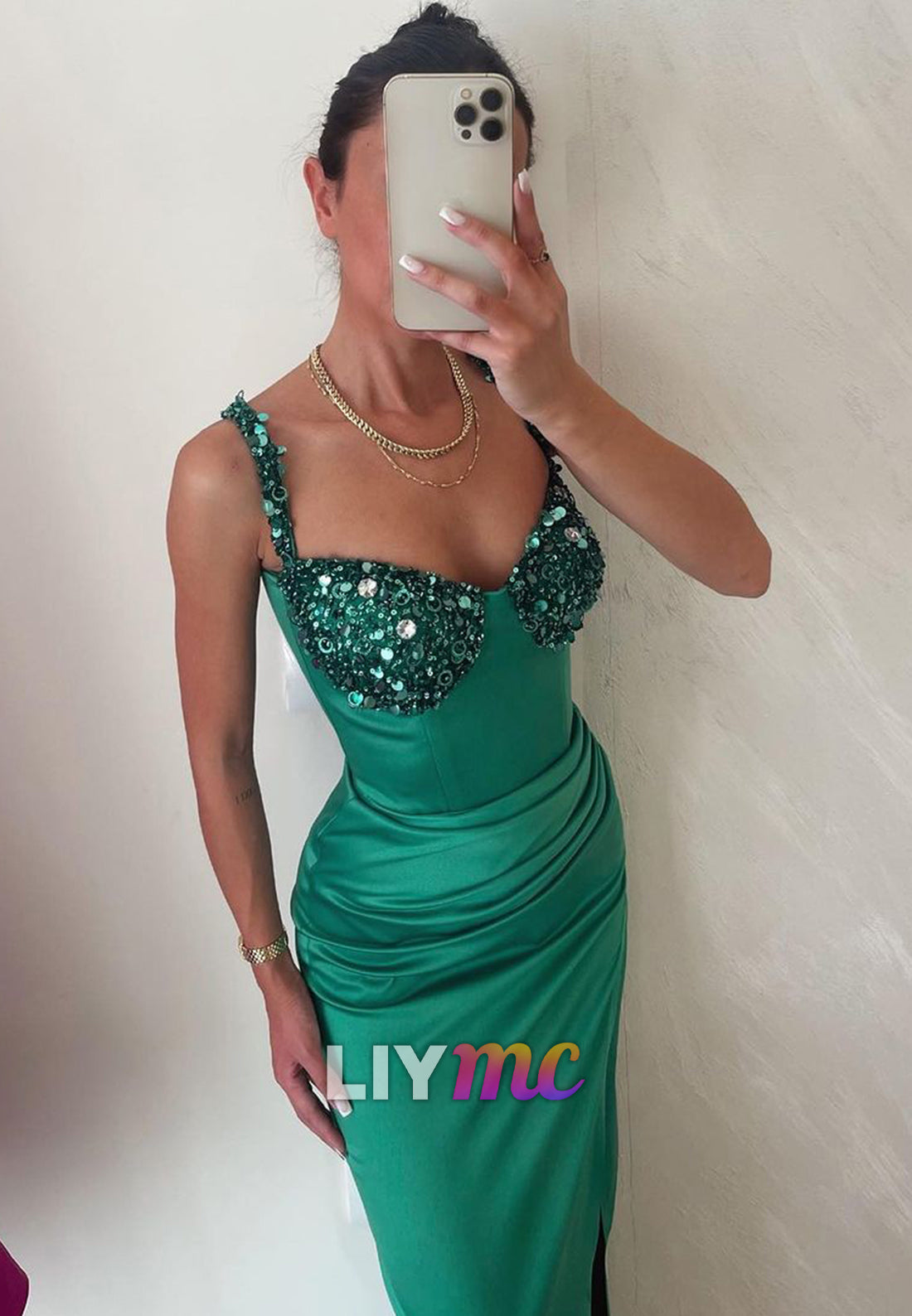 LP2318 - Sweetheart Sleeveless Beaded Ruched Sleek Satin Mermaid Prom Dress