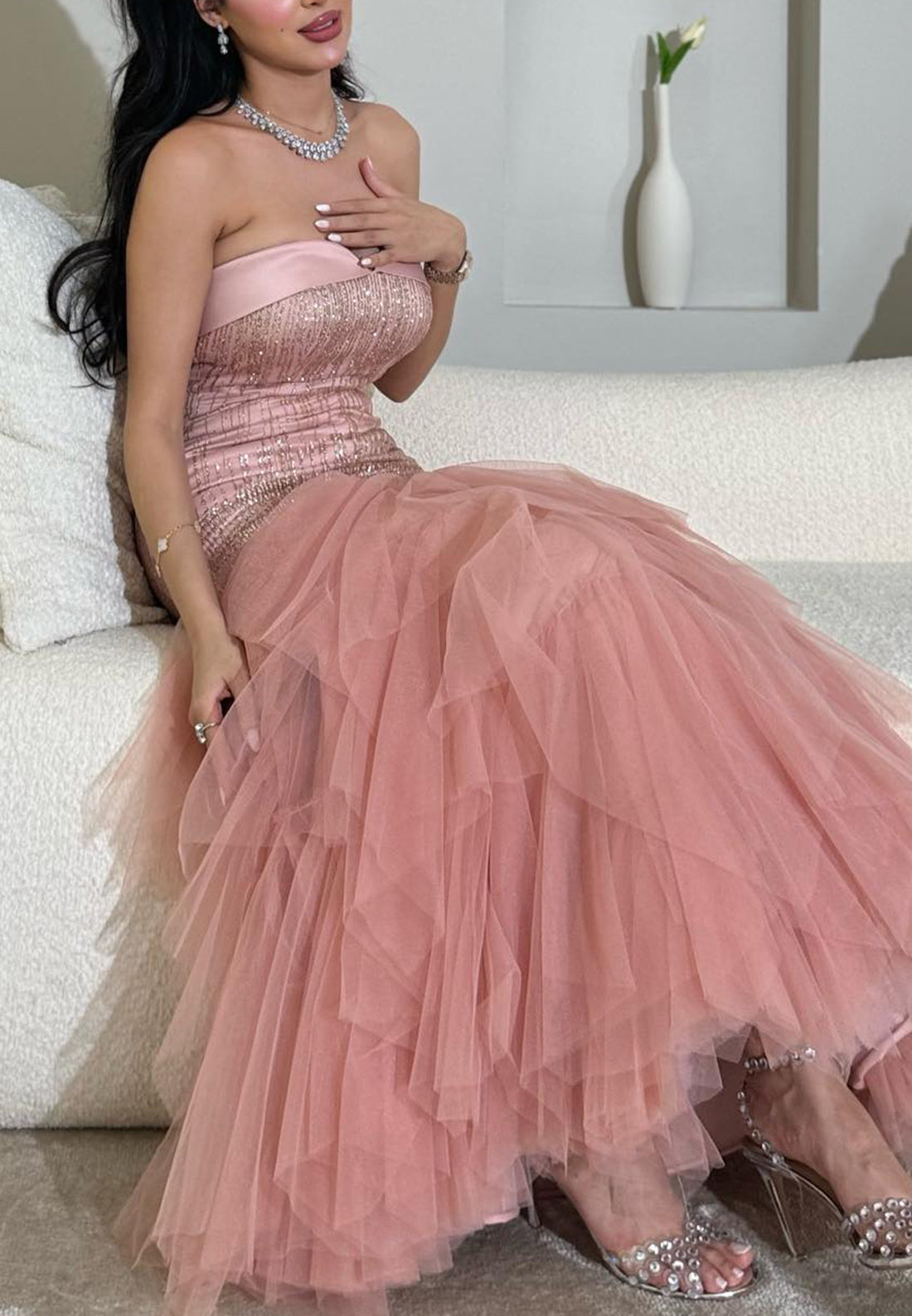 Sweetheart Sleeveless Beaded Tulle Mermaid Evening Dress