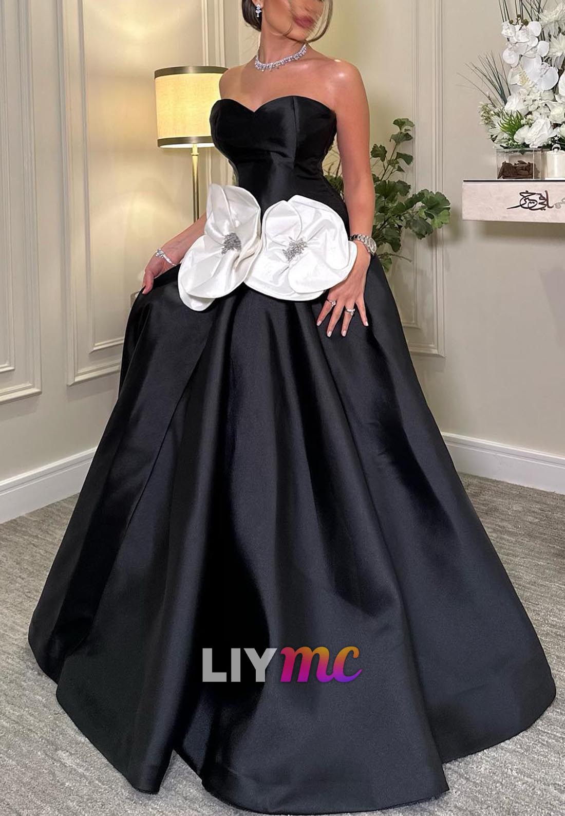 Sweetheart Sleeveless Floral A-Line Satin Evening Dress