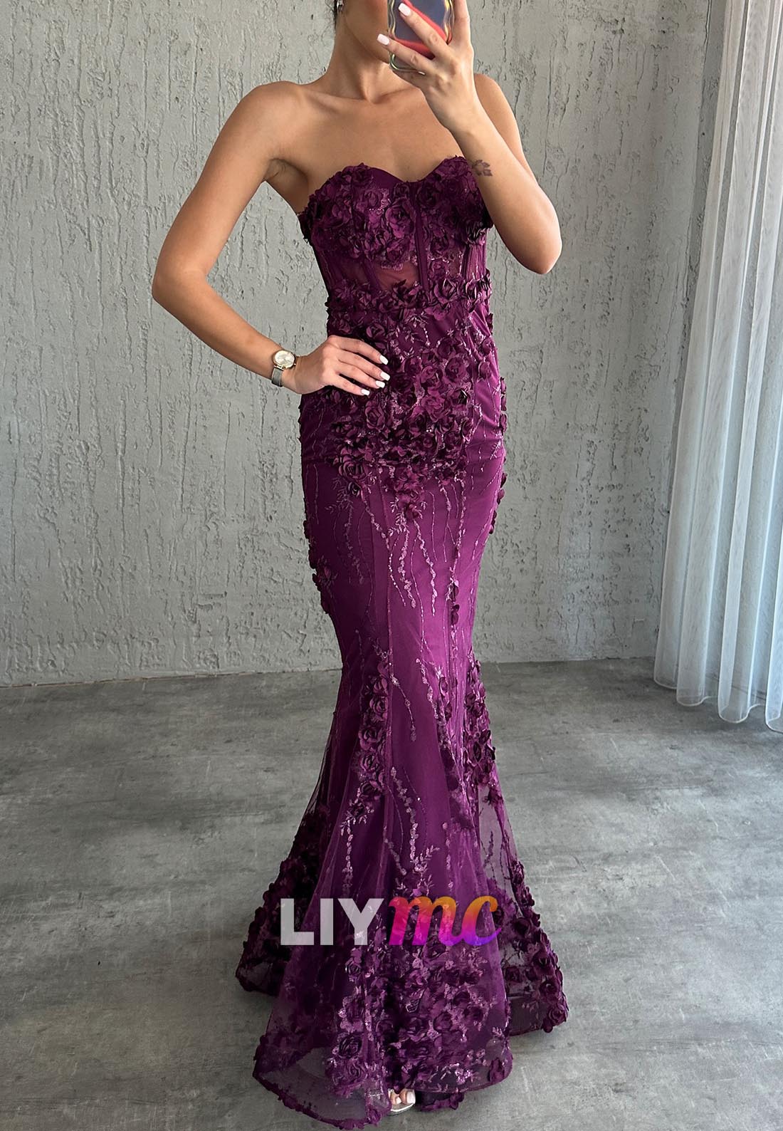 Sweetheart Sleeveless Floral Appliqeus Mermaid Prom Dress