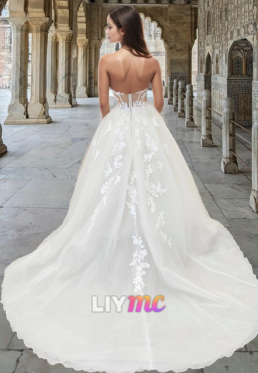 LW027 - A Line Illlusion V neck Appliques Rustic Wedding Dress