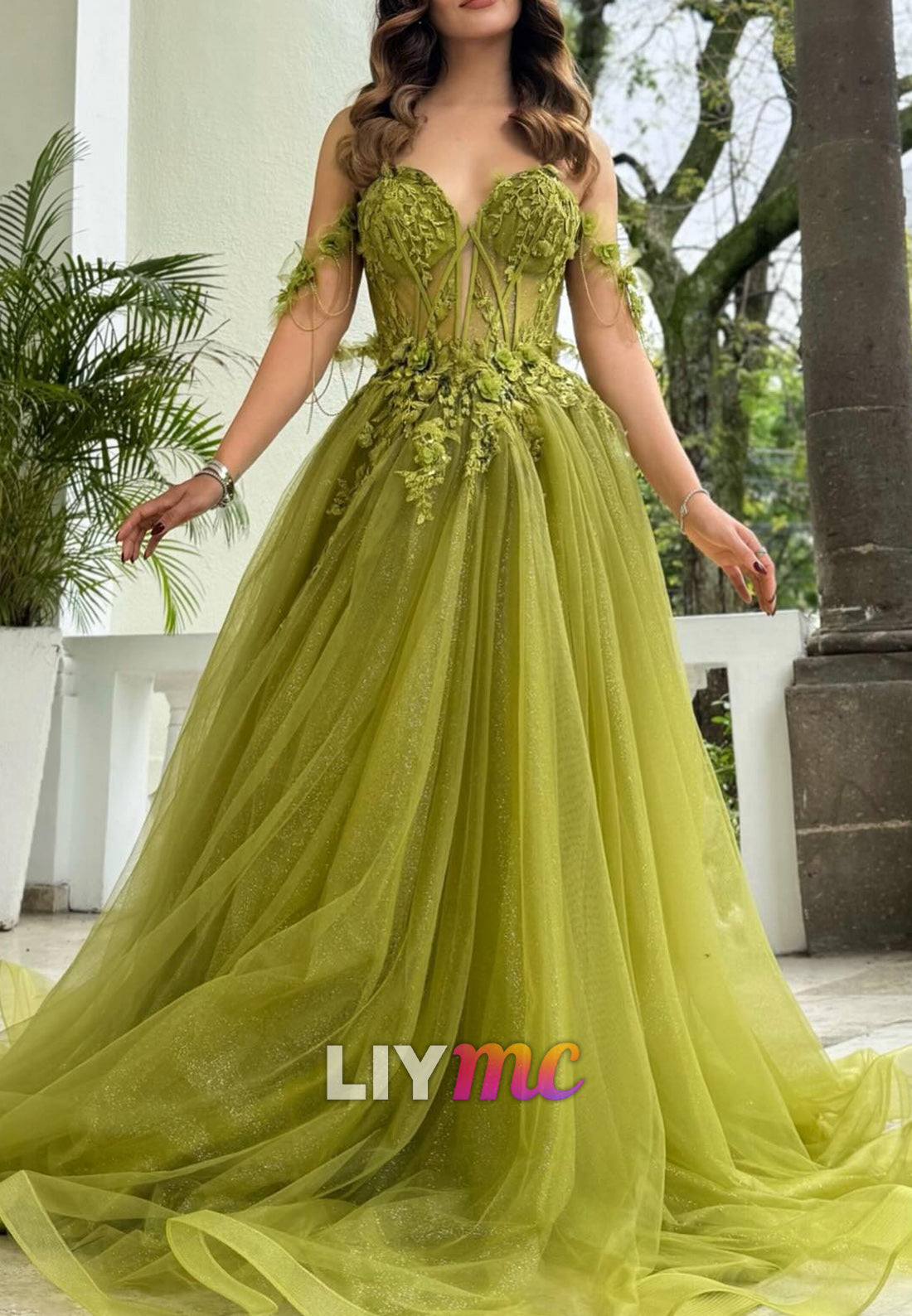 Sweetheart Sleeveless Floral Appliques Prom Dress A-Line Party Dress