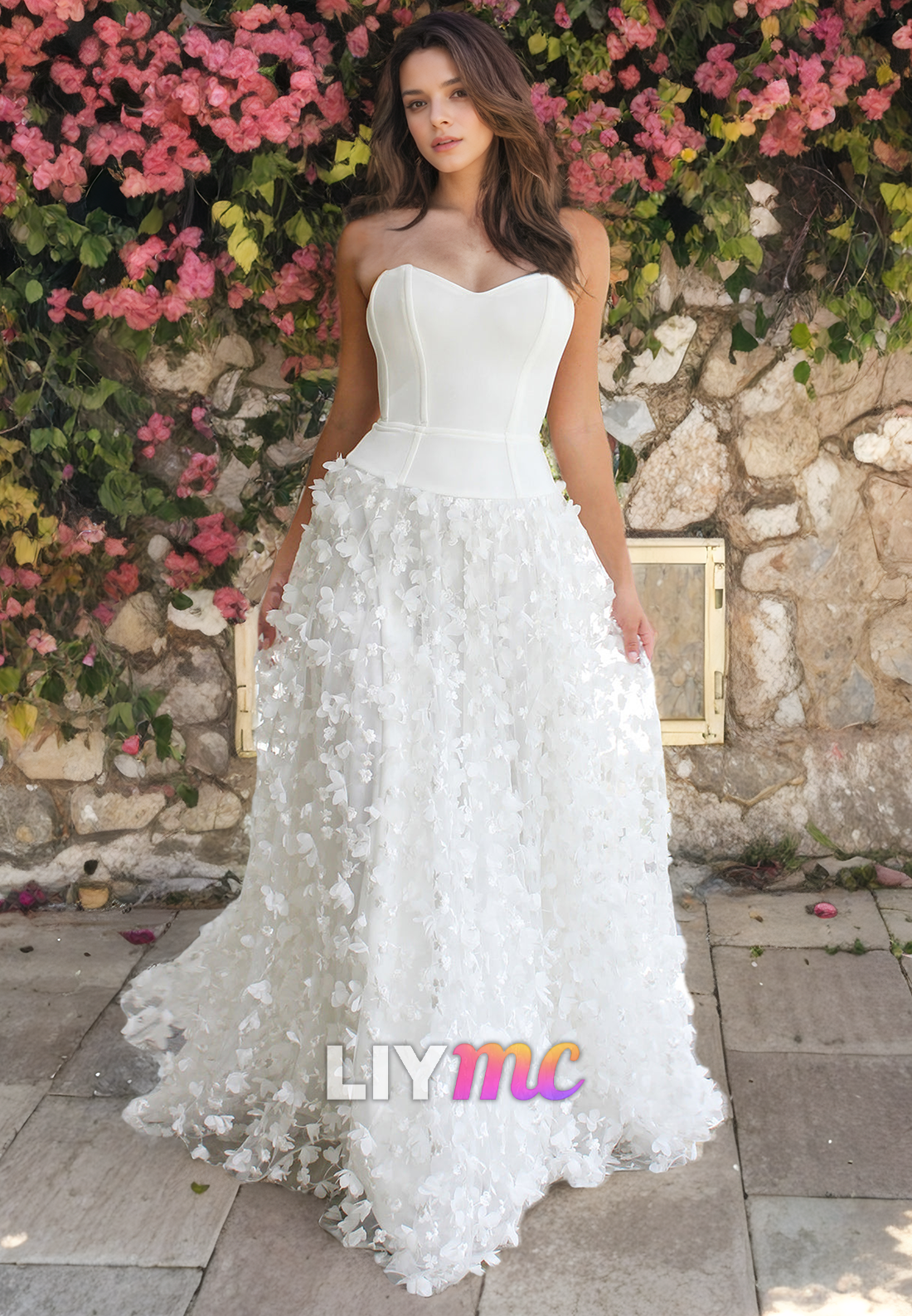 LW070 - A Line Sweetheart Strapless Pleated 3D Lace Long Wedding Dress