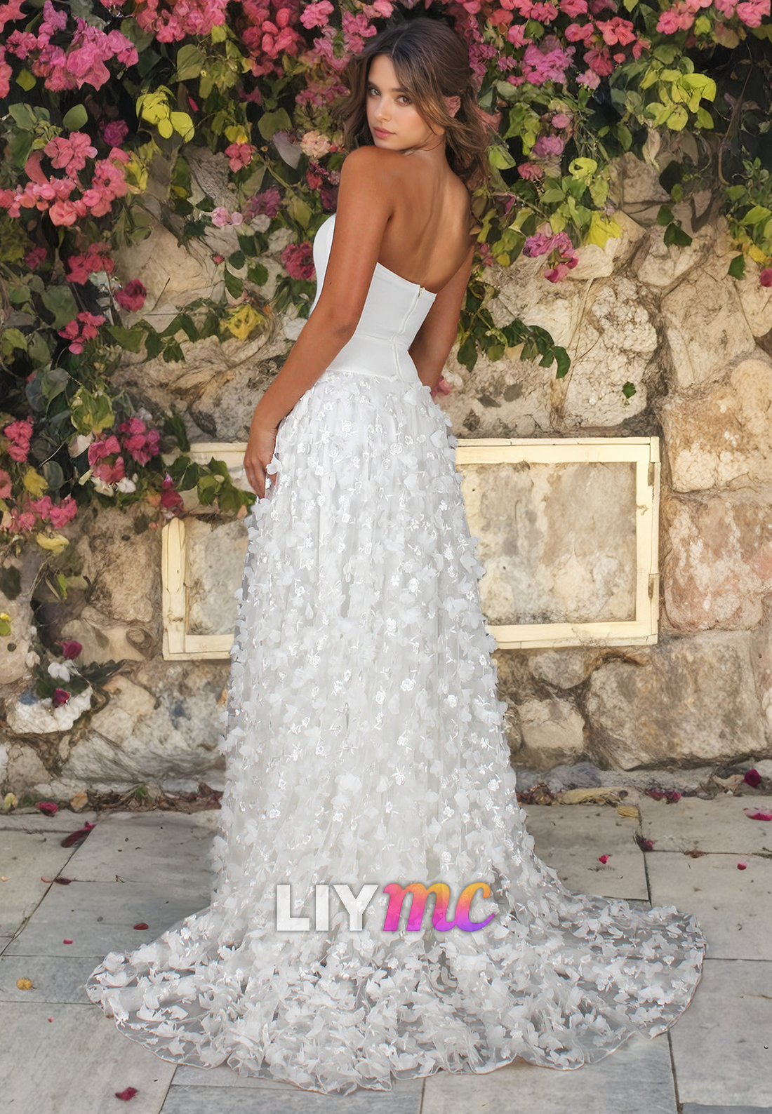 LW070 - A Line Sweetheart Strapless Pleated 3D Lace Long Wedding Dress