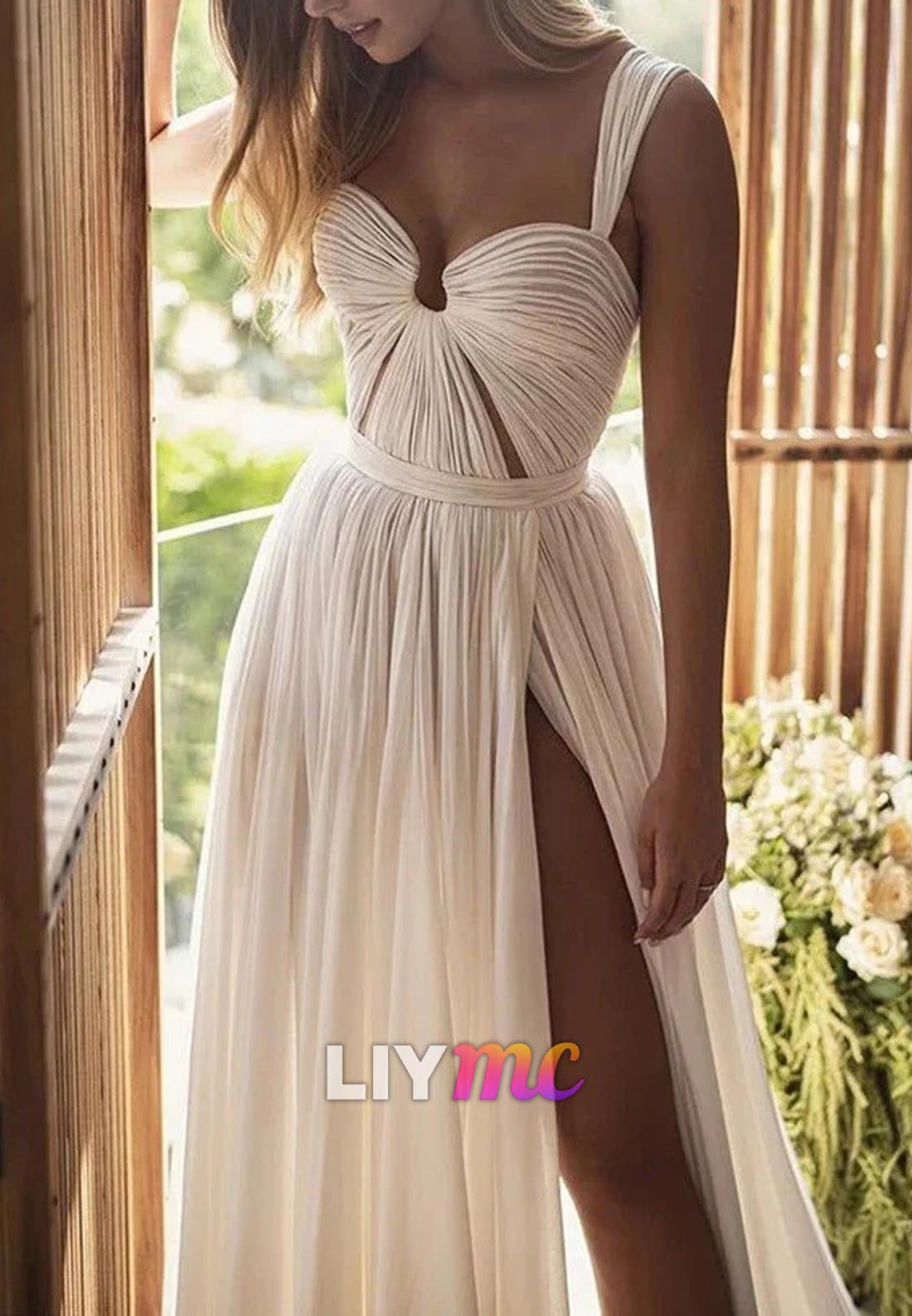 Sweetheart Sleeveless Illusion Chiffon Pleated A-Line Beach Wedding Dress