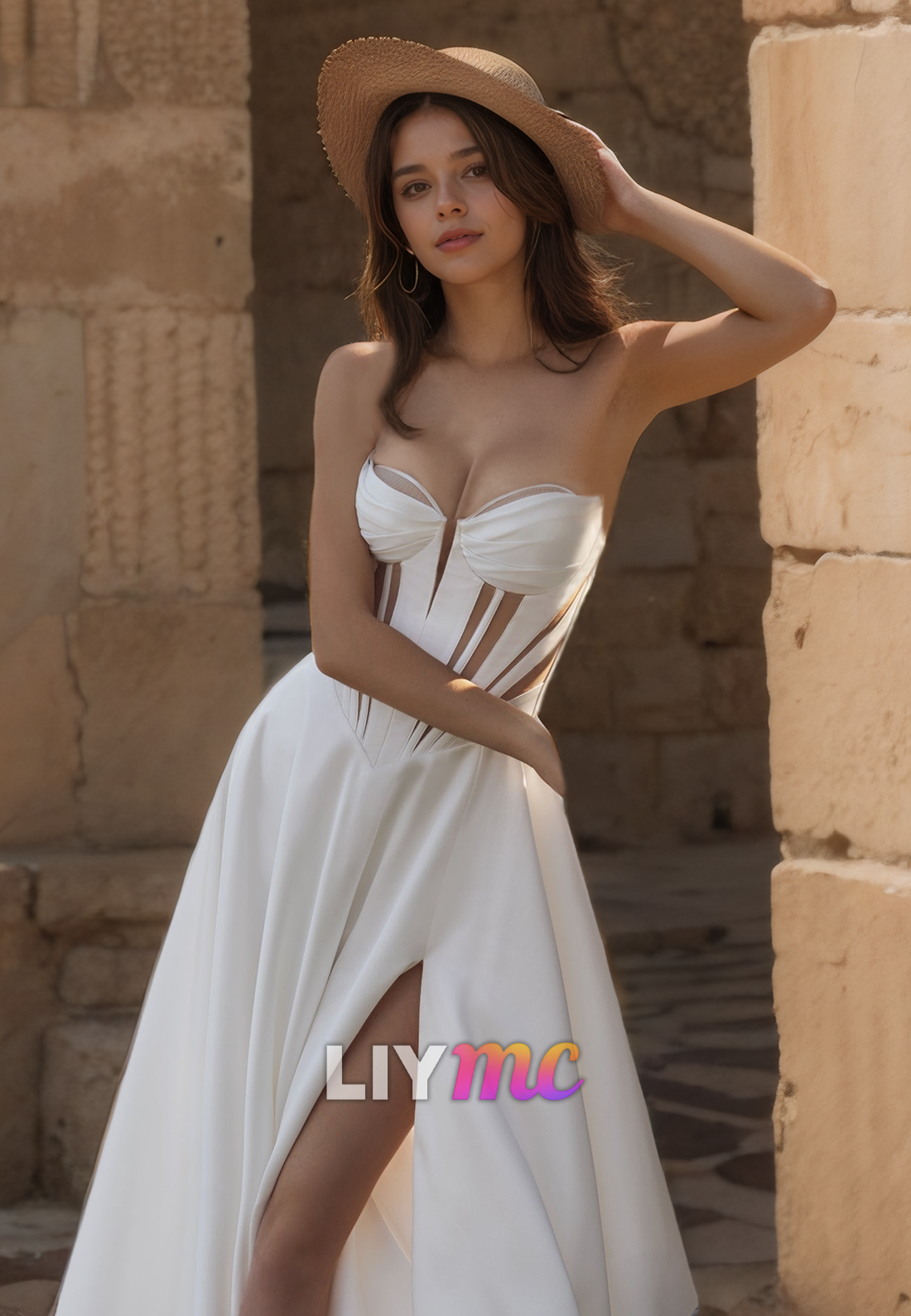 LW099 - A Line Illusion Strapless Cut Outs Pleated Satin Long Wedding Dress With Slit