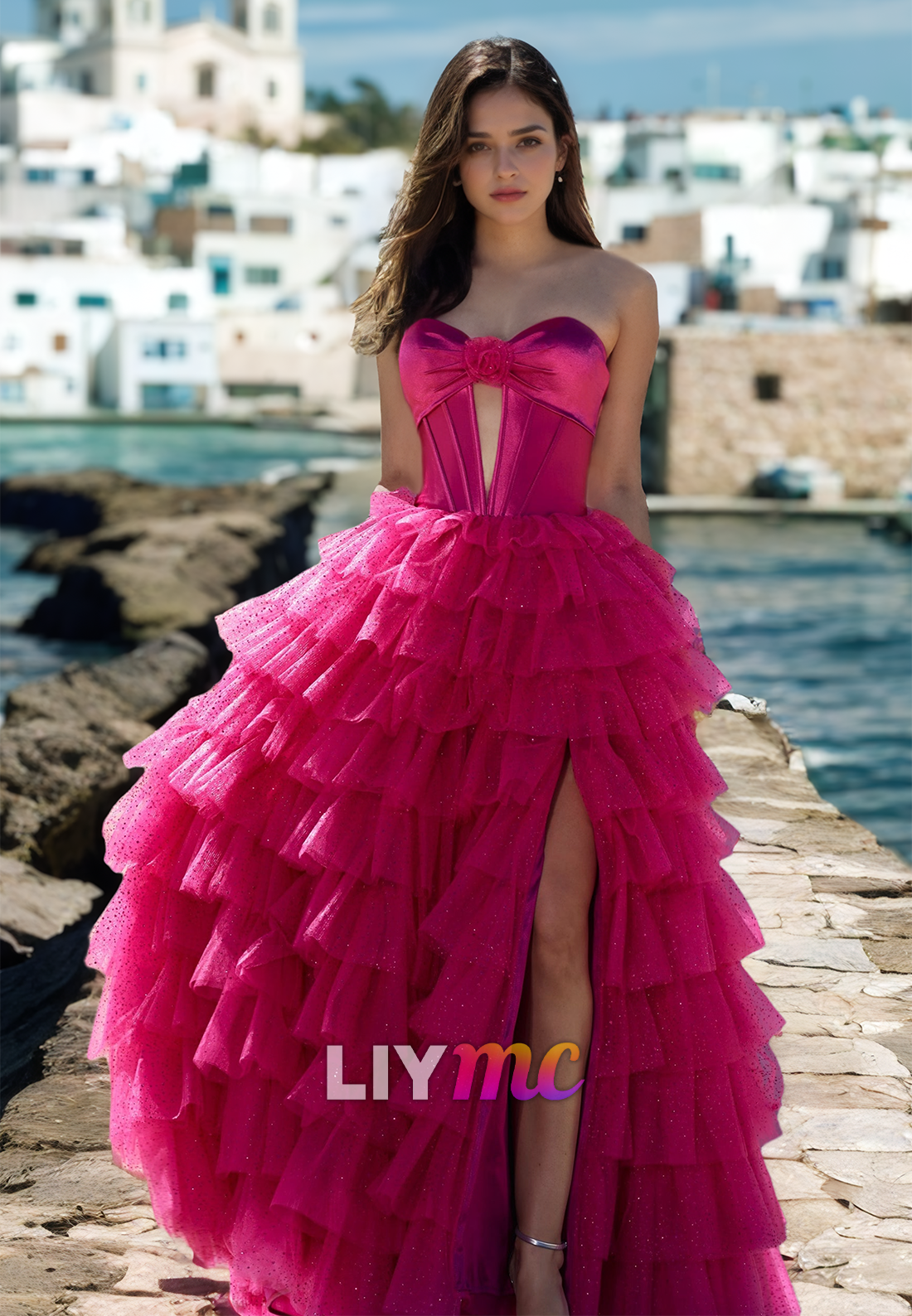 Sweetheart Sleeveless Illusion Tiered Tulle Ball Gown A-Line Prom Dress