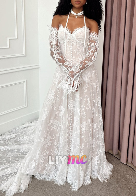 Sweetheart Sleeveless Lace Appliques A-Line Wedding Dress