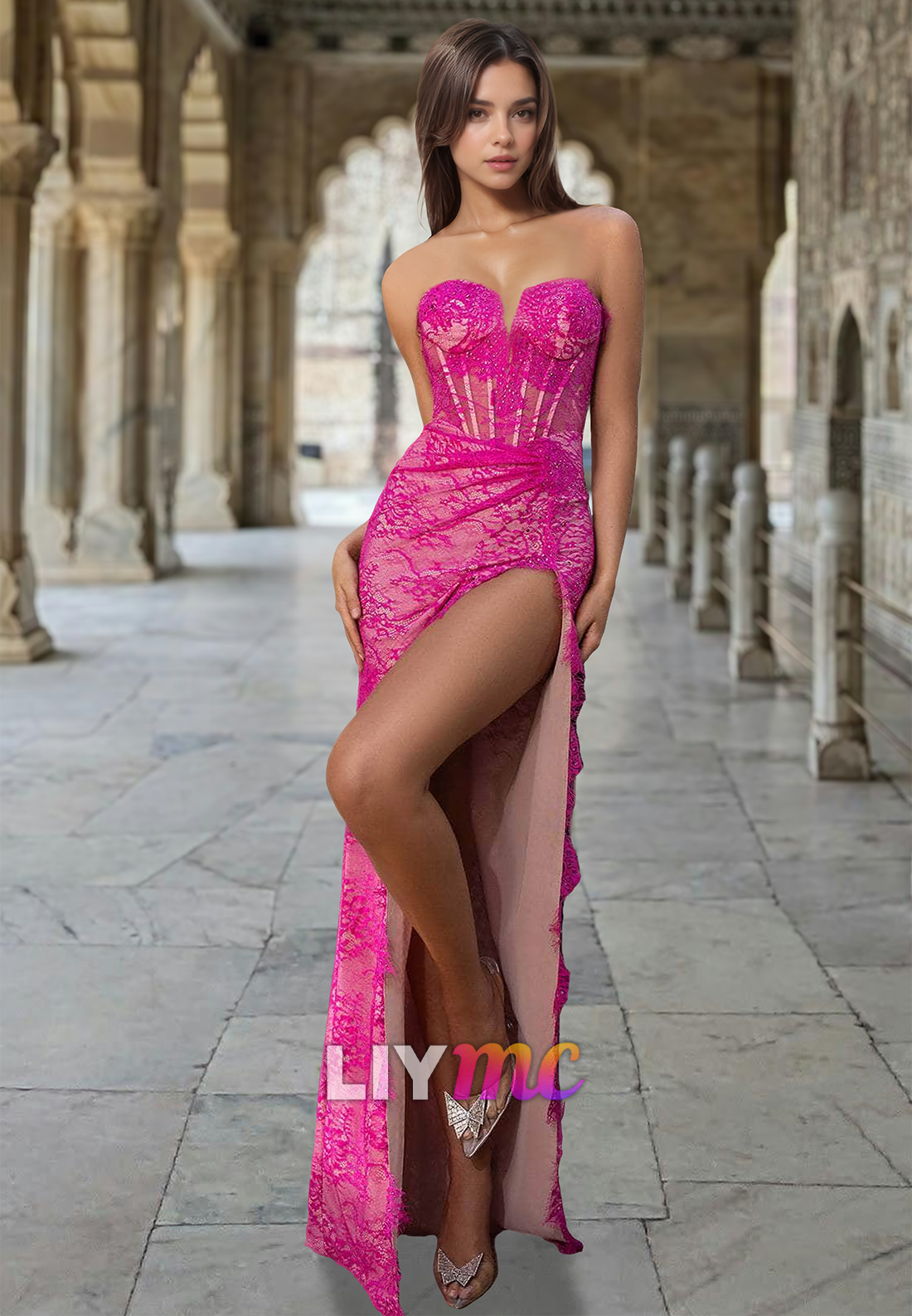 Sweetheart Sleeveless Lace Appliques Side Slit Sheath Prom Dress