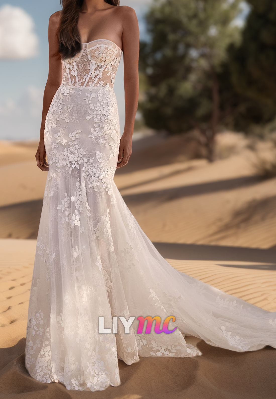 Sweetheart Sleeveless Lace Appliques Tulle Mermaid Wedding Dress