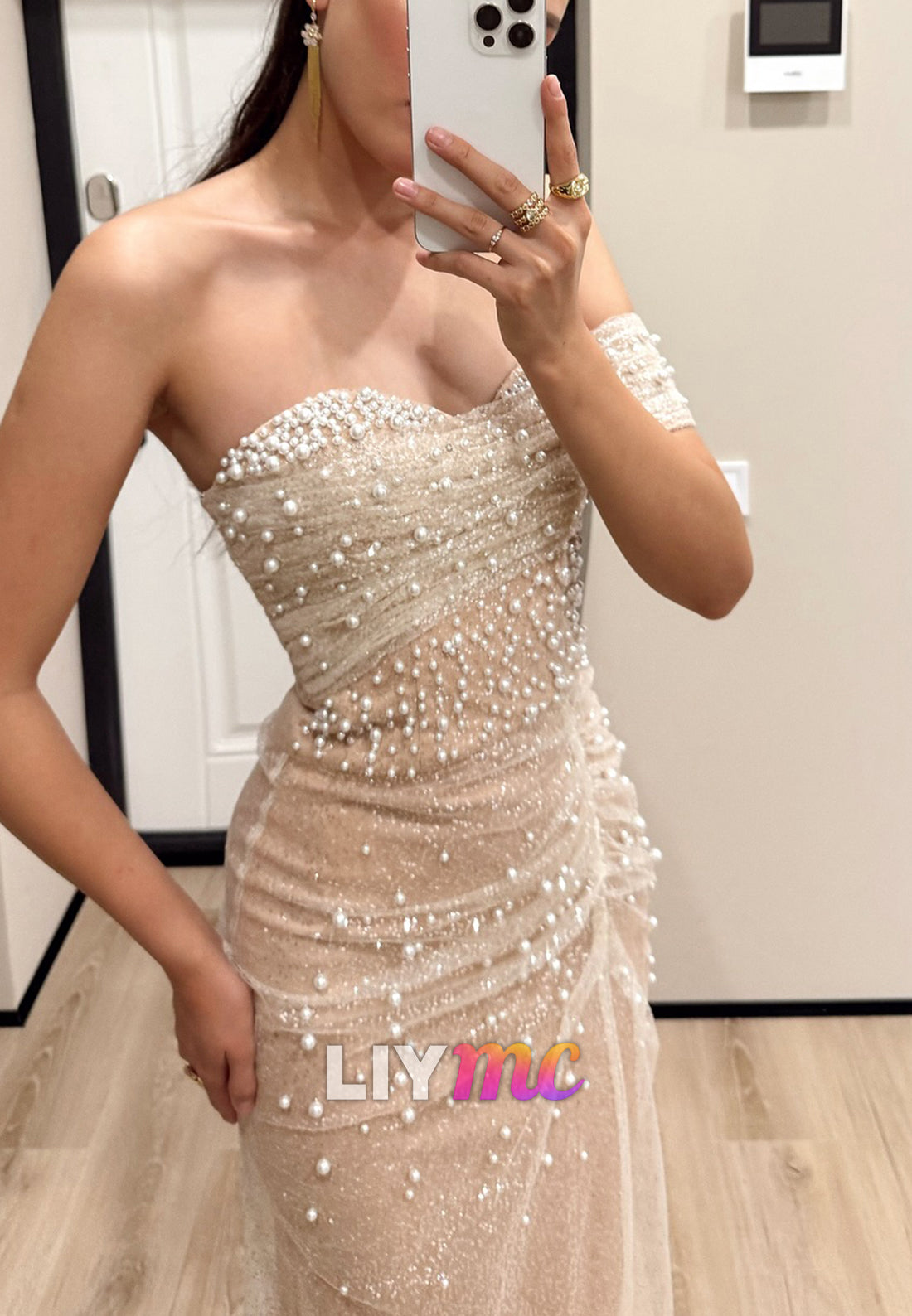 Sweetheart Sleeveless Pearl Sparkly Mermaid Prom Dress