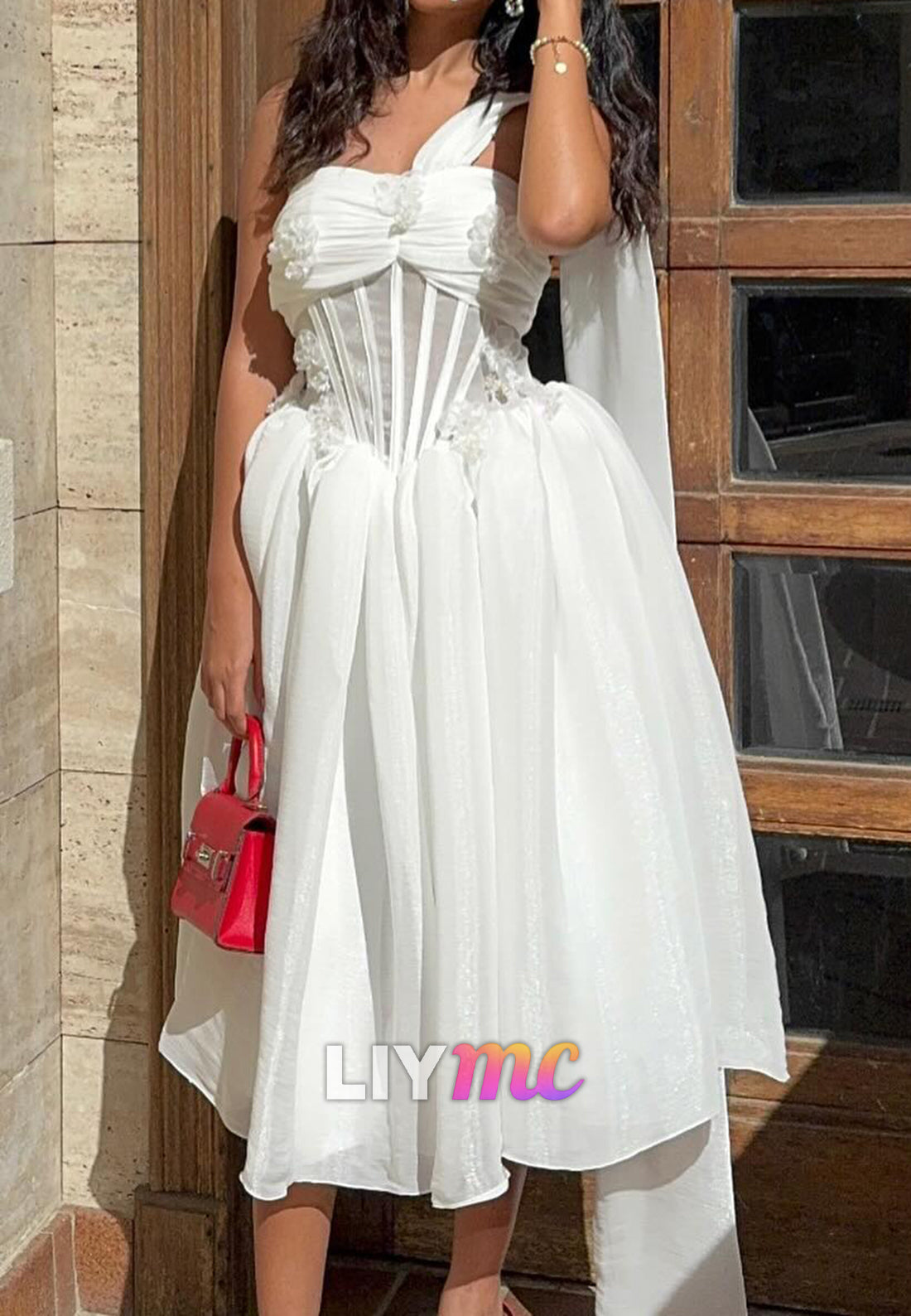 Sweetheart Sleeveless Pleated Floral Embellished A-Line Midi Wedding Dress