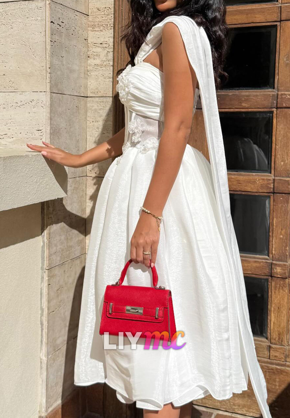 Sweetheart Sleeveless Pleated Floral Embellished A-Line Midi Wedding Dress