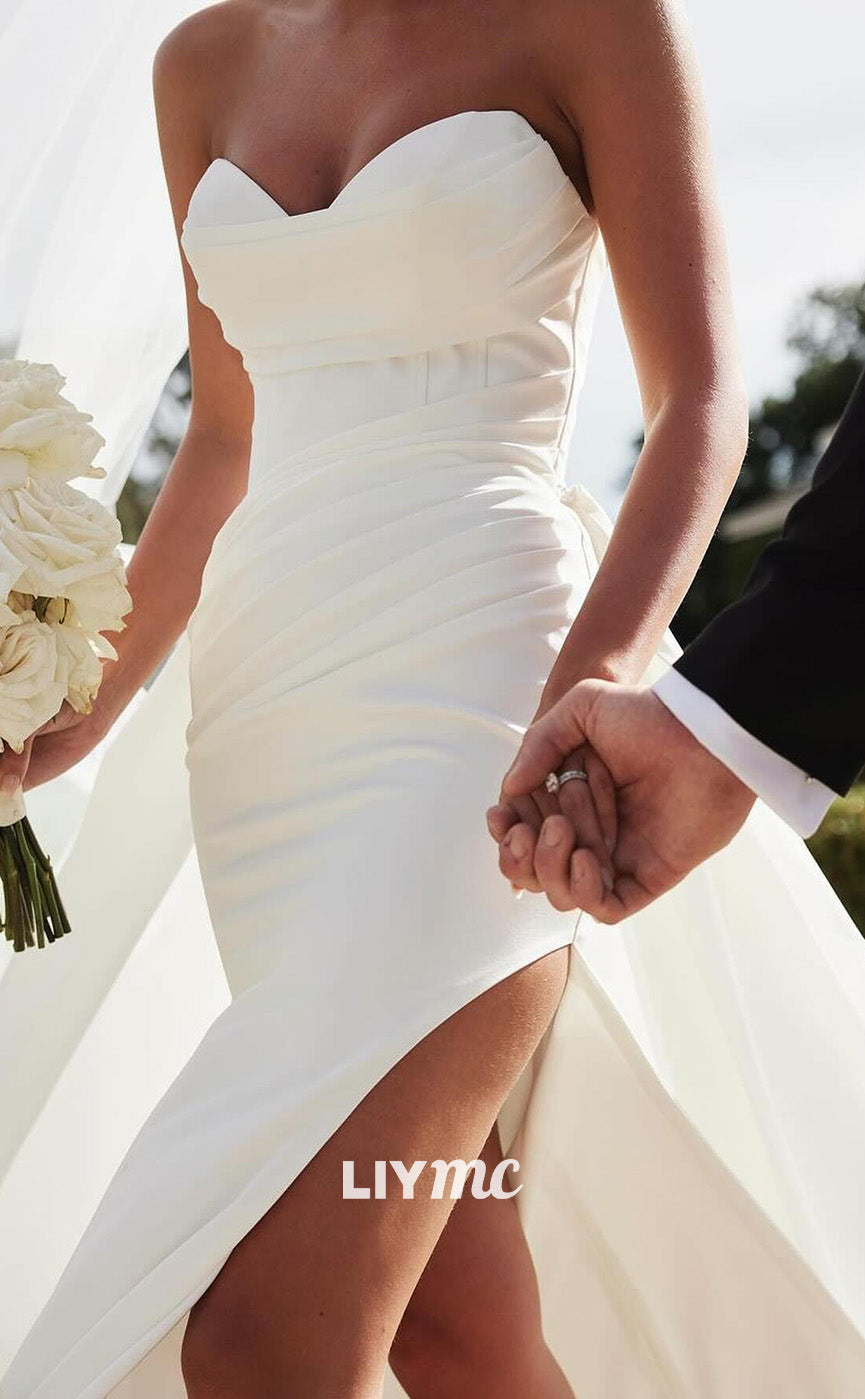 LW828 - Sweetheart Sleeveless Pleated High Slit Beach Wedding Dress