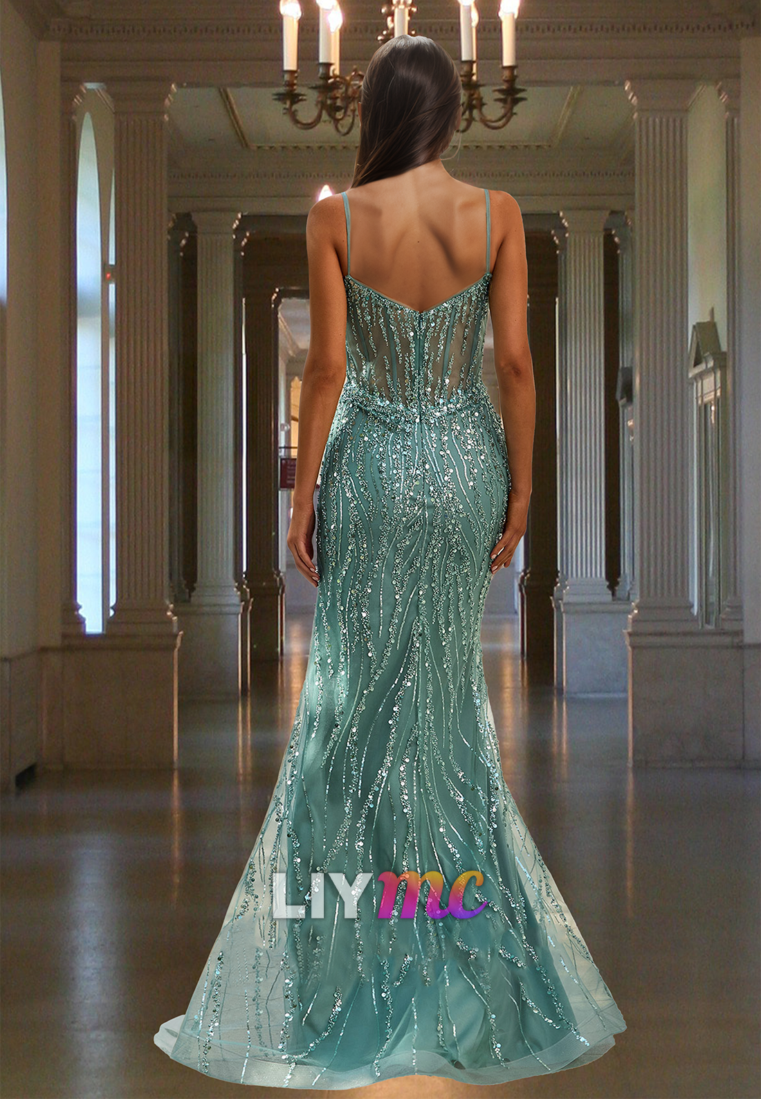 Sweetheart Sleeveless Sheer Sequins Appliques Sheath Sparkly Prom Dress