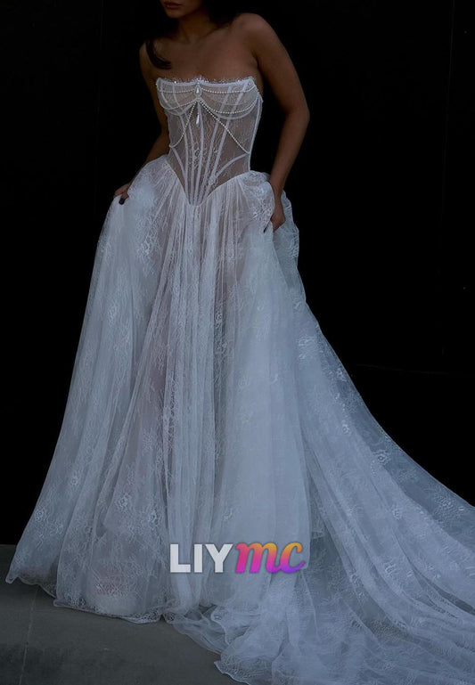 Sweetheart Sleeveless Tulle Beaded Lace Appliques A-Line Wedding Dress