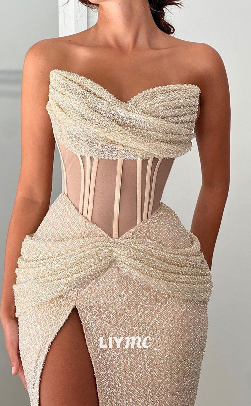 LP2077 - Sweetheart Sleeveless Tulle Pleated High Slit Mermaid Prom Dress