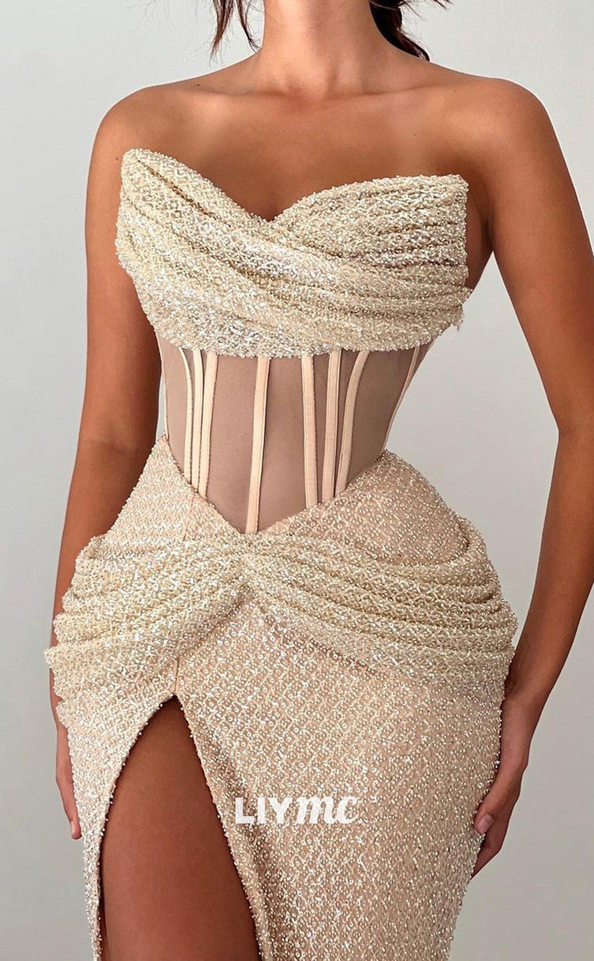 LP2077 - Sweetheart Sleeveless Tulle Pleated High Slit Mermaid Prom Dress