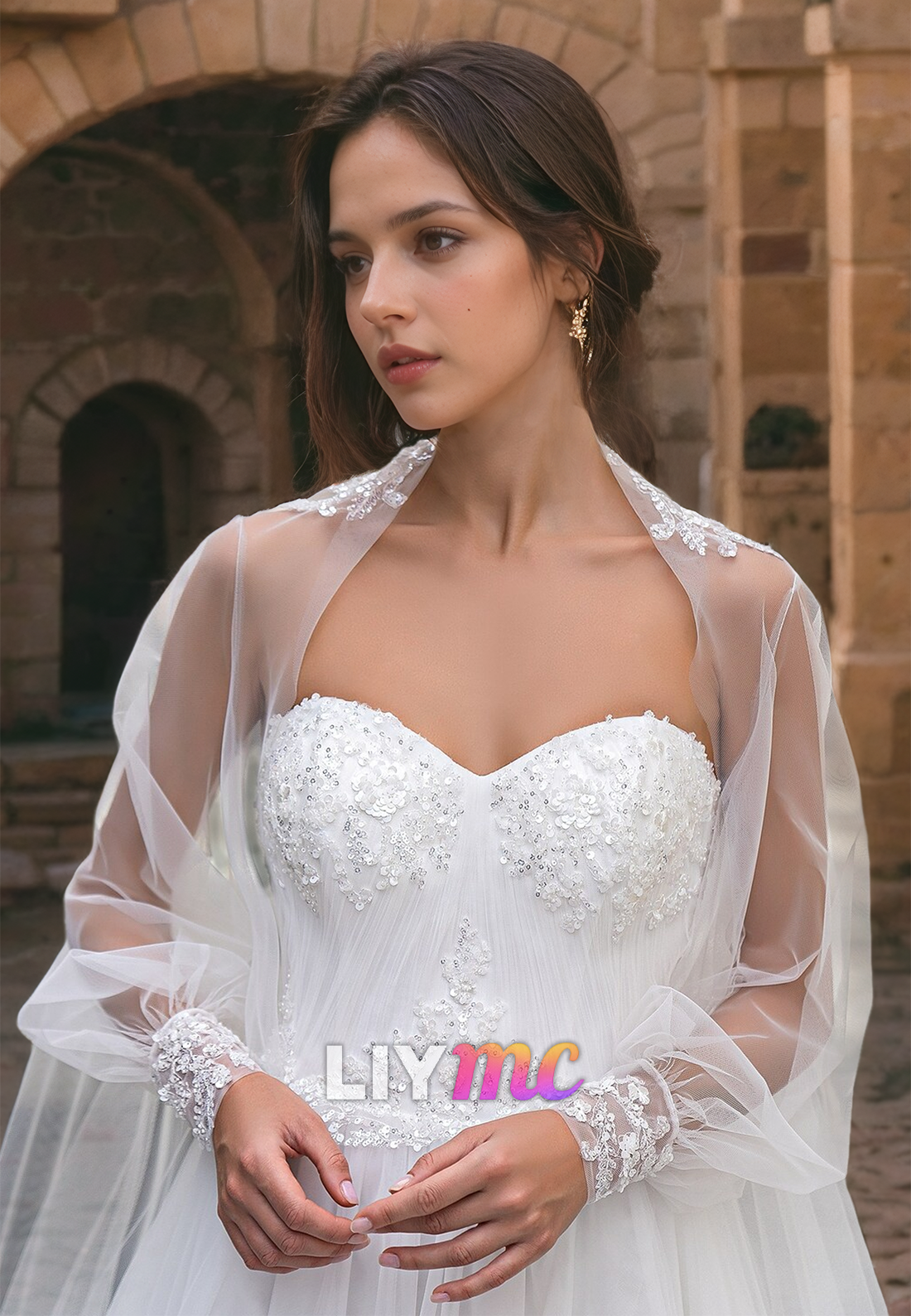 Sweetheart Sleeveless Tulle Sequins A-Line Beach Wedding Dress