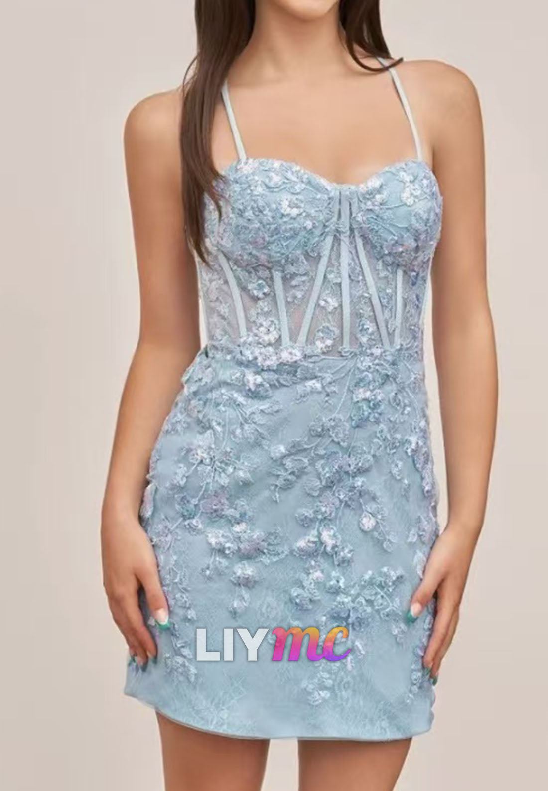 Sweetheart Spaghetti Straps Appliques Sheath Party Homecoming Dress